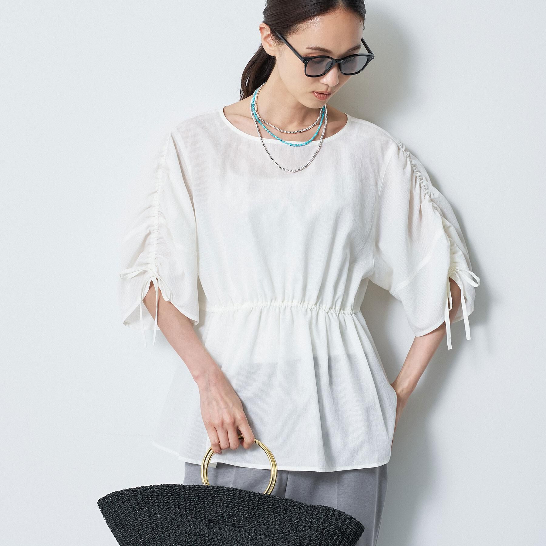 Reflect「【通気性あり／涼しい／マシンウォッシャブル】ウエストギャザーブラウス」|シャツ・ブラウス|