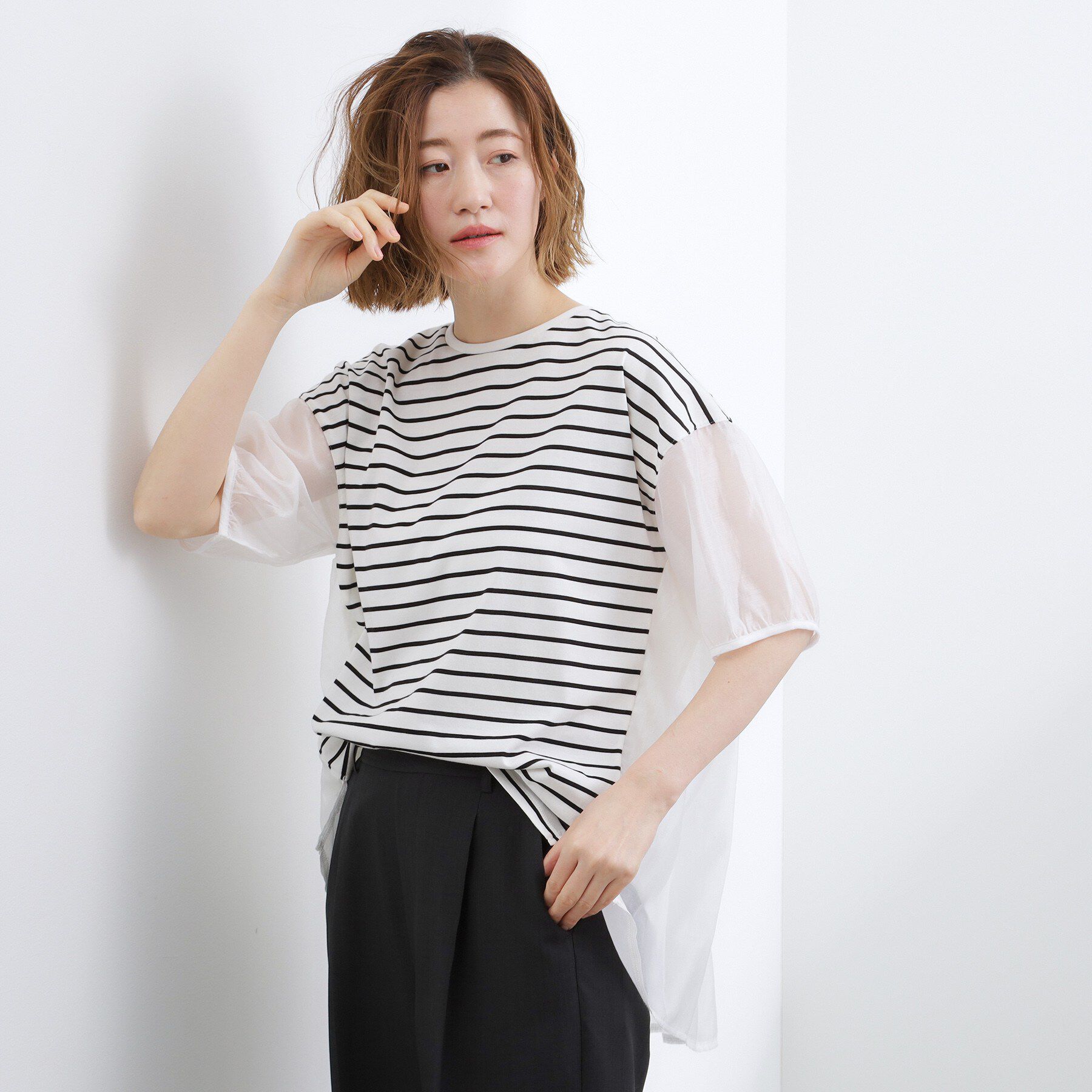 grove「【貴島明日香さん着用/UVカット】体型カバー叶う、バックプリーツTシャツ」|Tシャツ・カットソー|ボーダー(303)