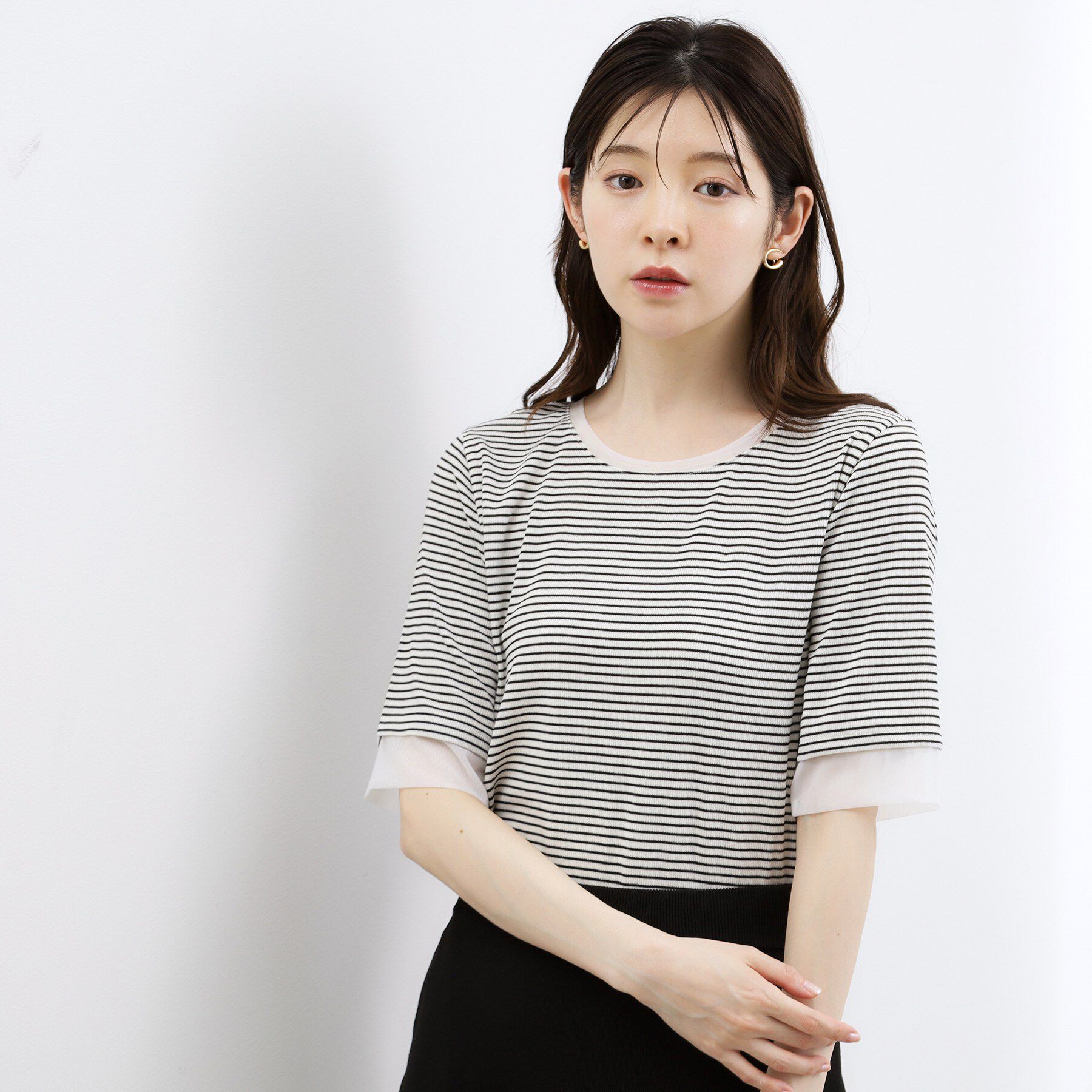 grove「【ひんやり・UVカット】チュールトリミング5分袖Tシャツ」|Tシャツ・カットソー|