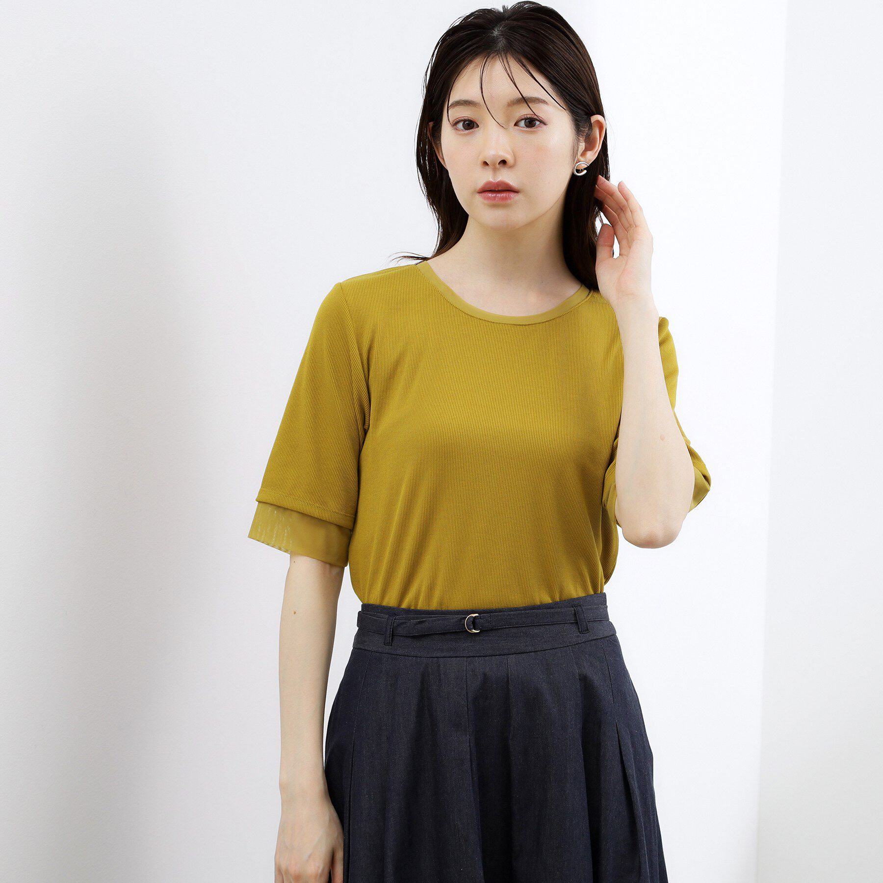 grove「【ひんやり・UVカット】チュールトリミング5分袖Tシャツ」|Tシャツ・カットソー|オーク(034)