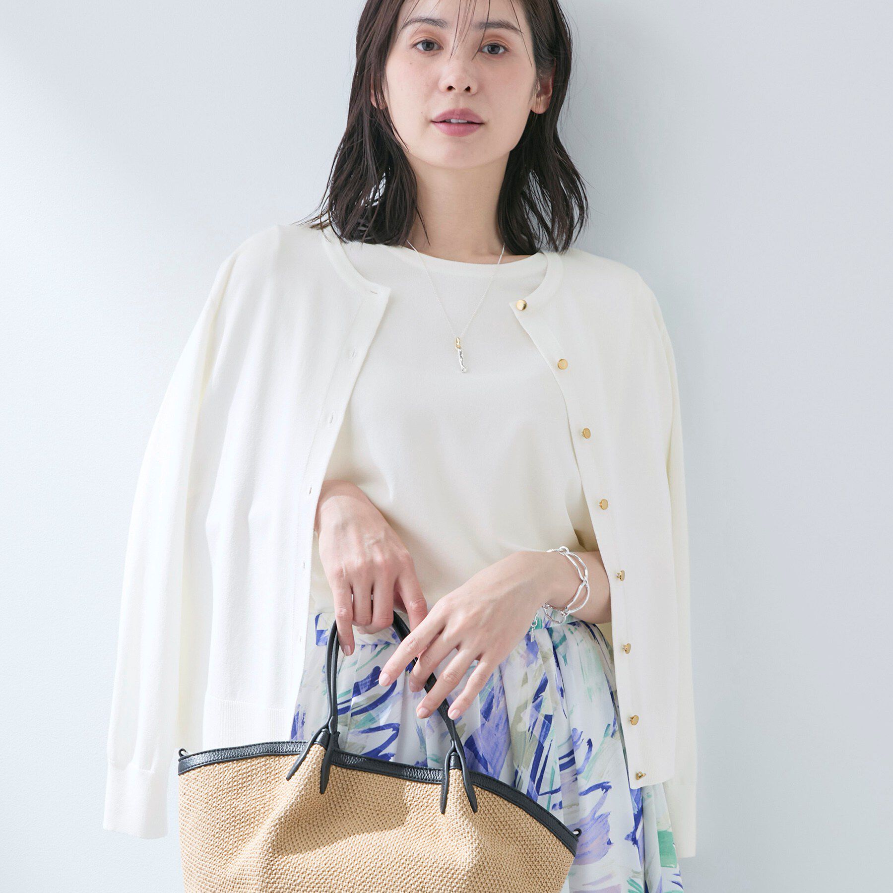 INDIVI「【UVケア/接触冷感／アンサンブル】丸首カーディガン＆袖スリット5分袖ニット」|その他|ホワイト(001)