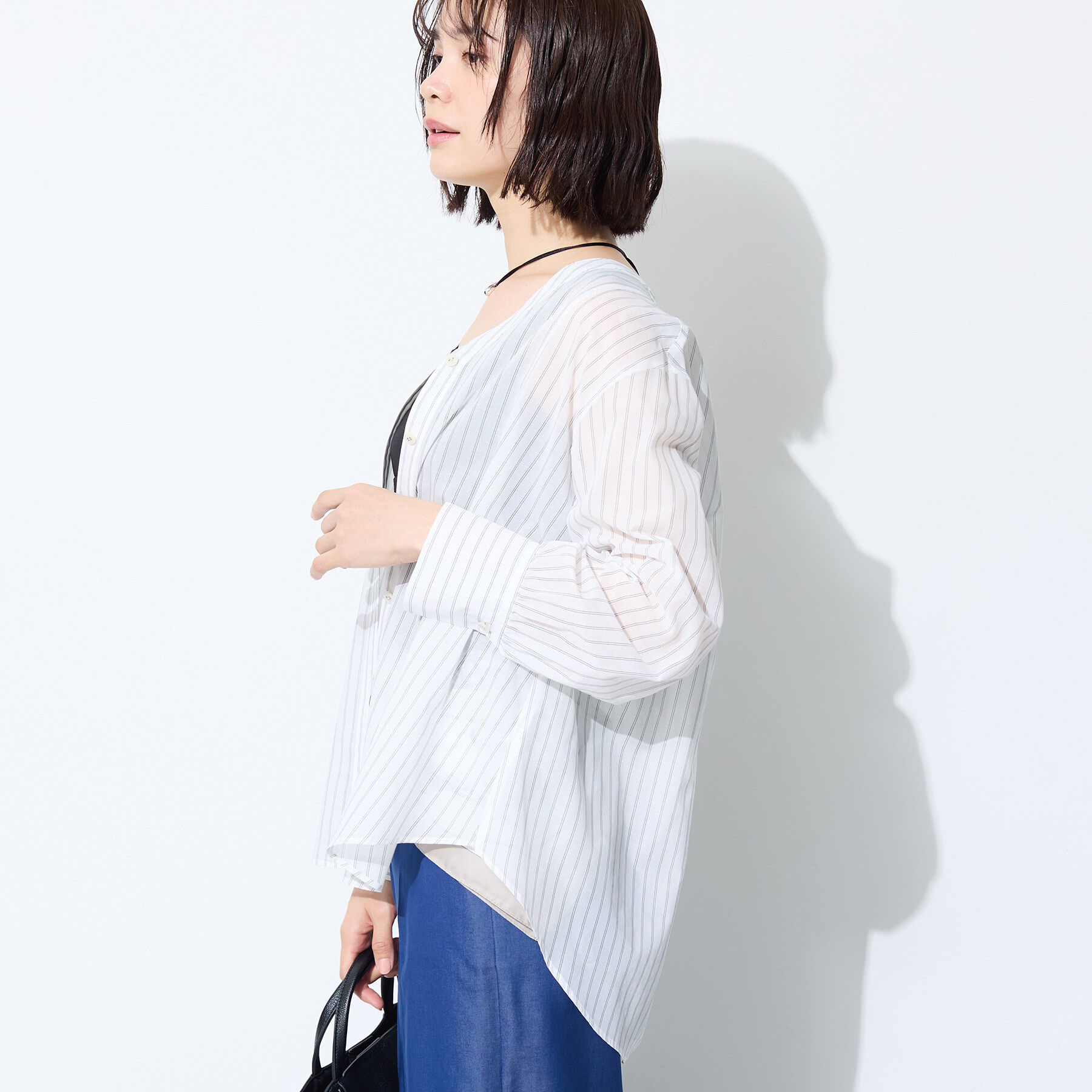 INDIVI「【洗える／軽やか】無地＆ストライプ柄 切替タックブラウス」|シャツ・ブラウス|
