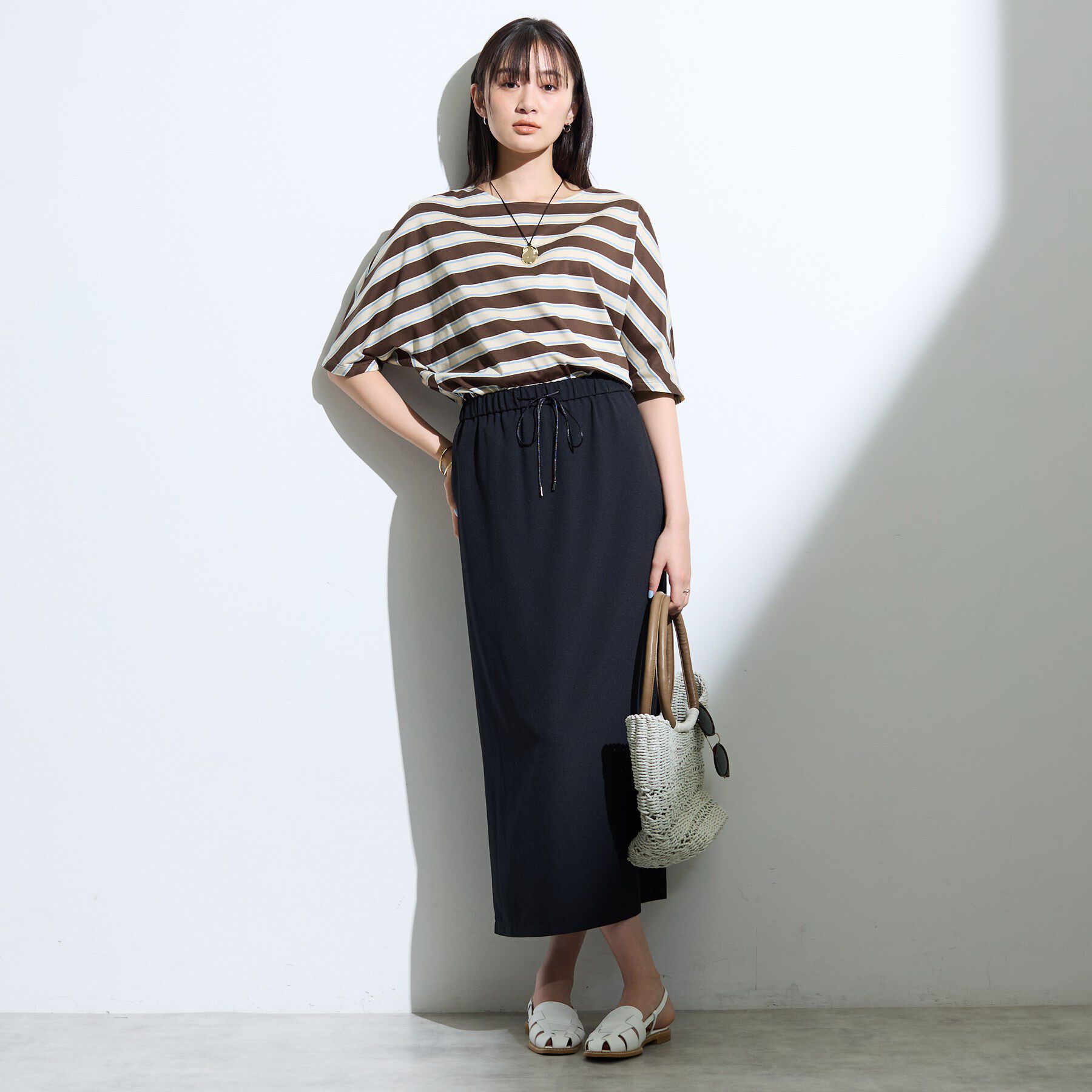INDIVI「【体型カバー】ボーダードルマントップス」|Tシャツ・カットソー|