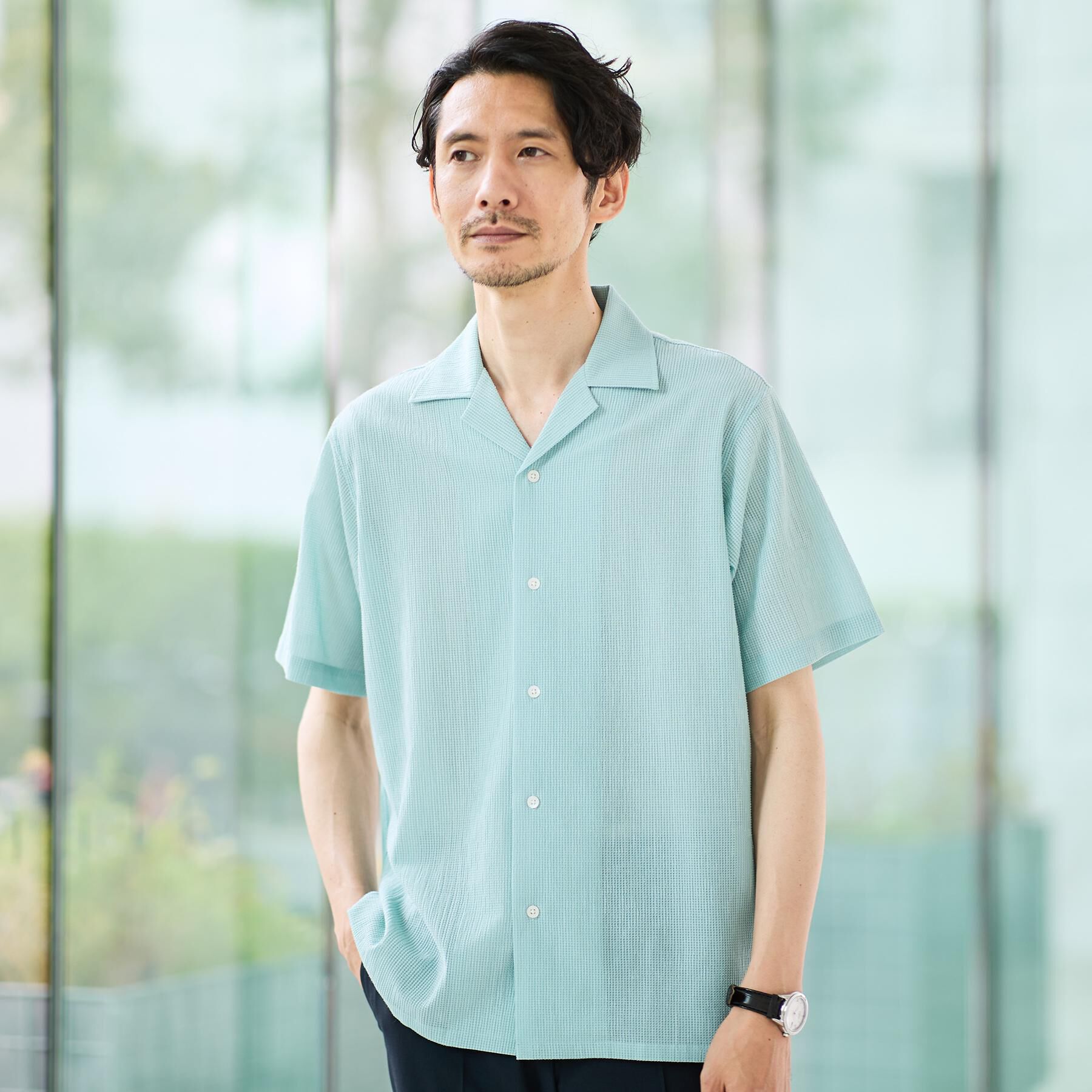 TAKEO KIKUCHI「【通気性】トリコットサッカー オープンカラー シャツ」|シャツ・ブラウス|