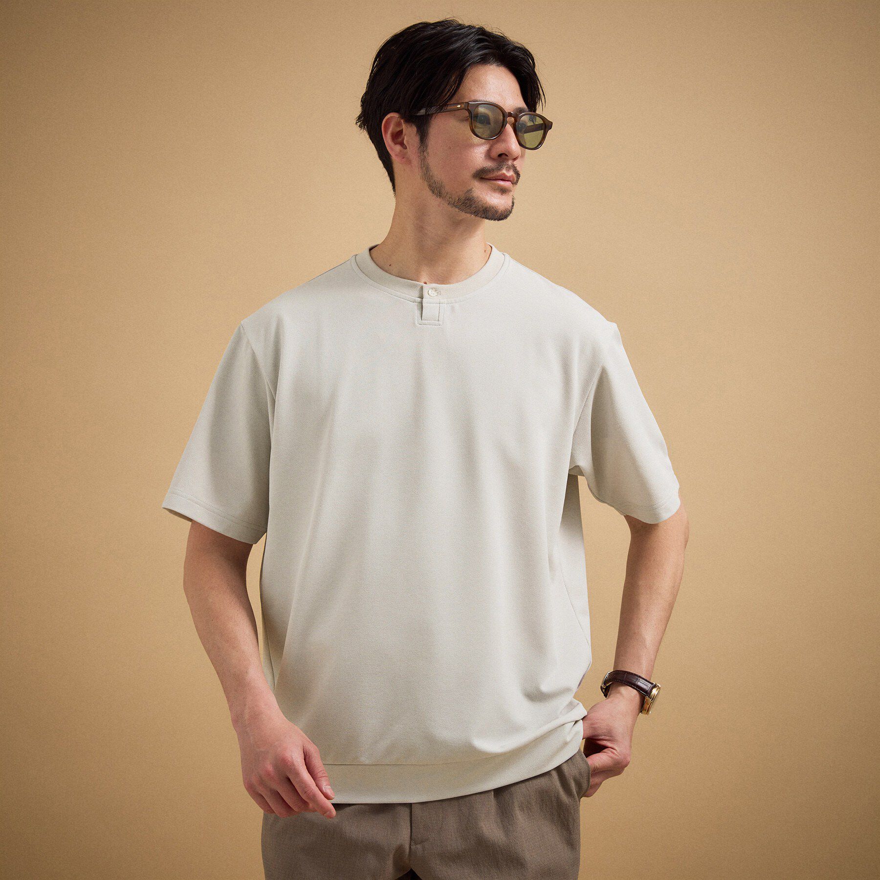 TAKEO KIKUCHI「リネン ライク 鹿の子 ヘンリー ハーフ ヘンリー ネック」|Tシャツ・カットソー|
