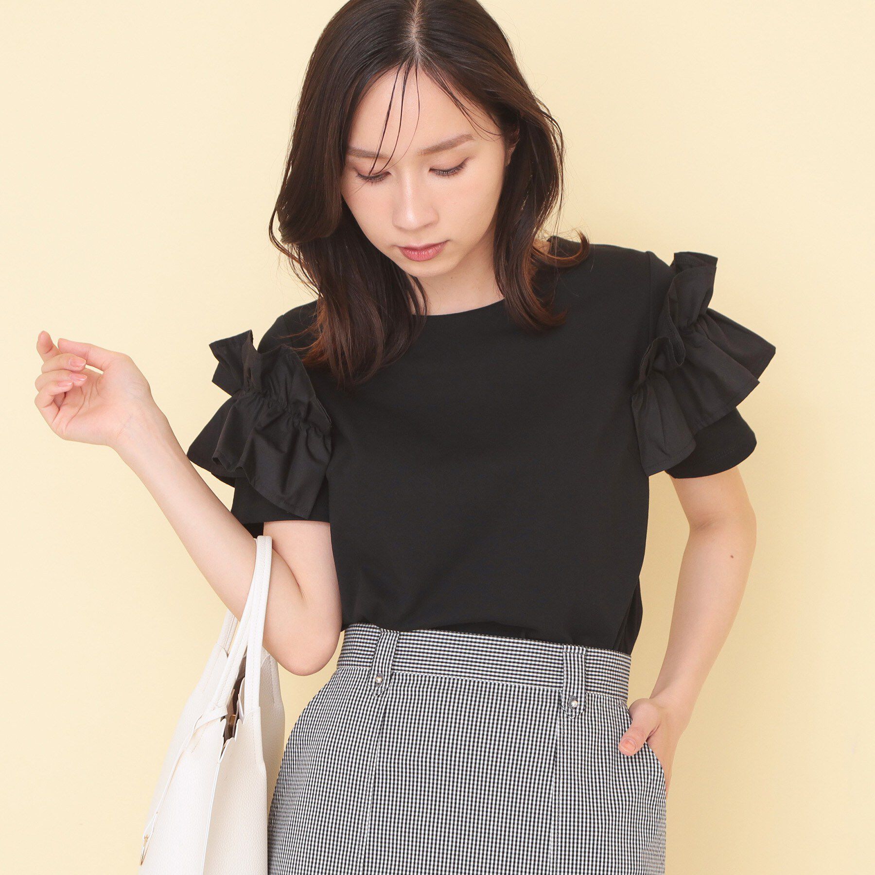 index「【接触冷感】フリルドッキングスリーブトップス《UVケア／洗濯機OK》」|Tシャツ・カットソー|ブラック(019)