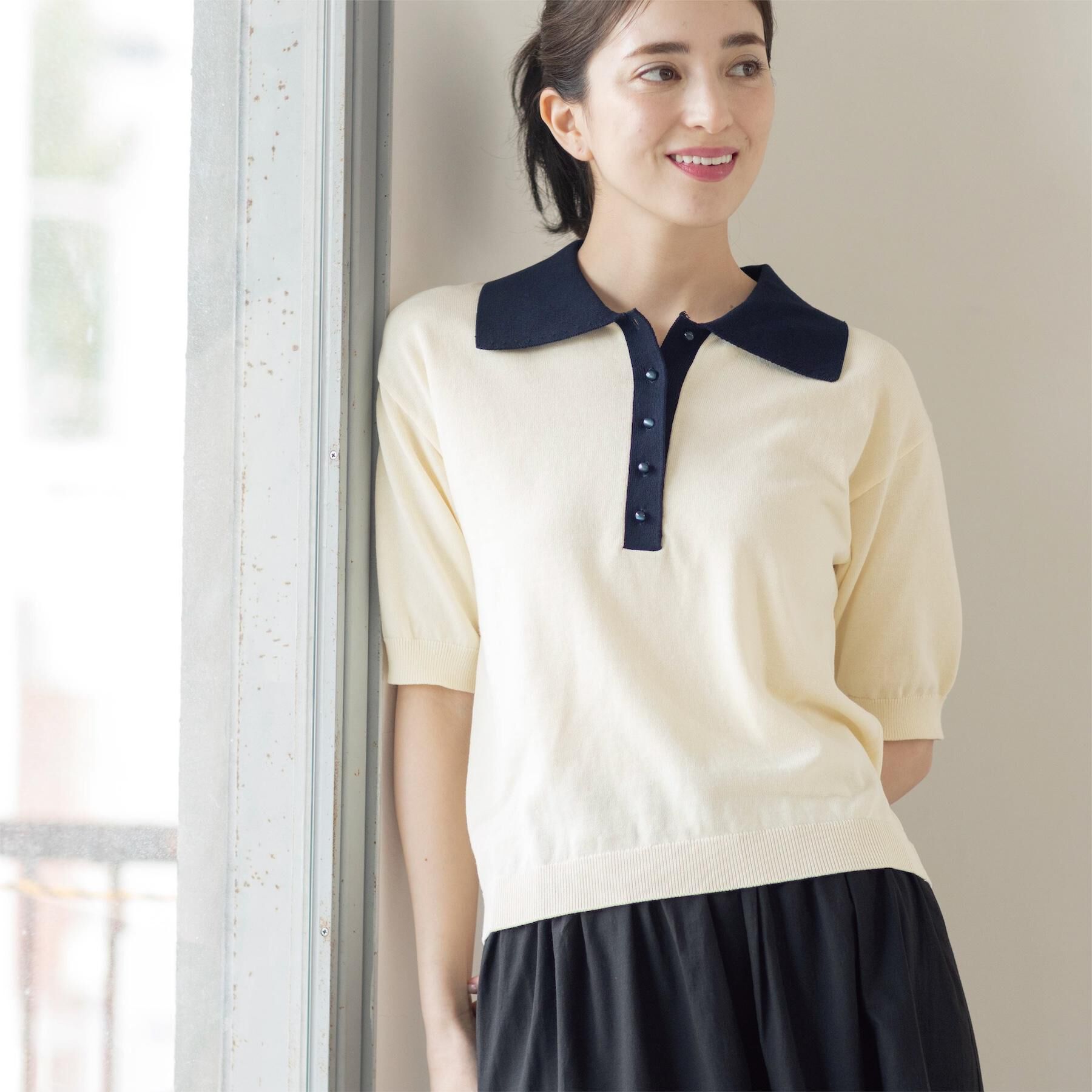 OPAQUE.CLIP「ビッグポロ衿ニット【洗濯機OK】」|ニット・セーター|オフホワイト(503