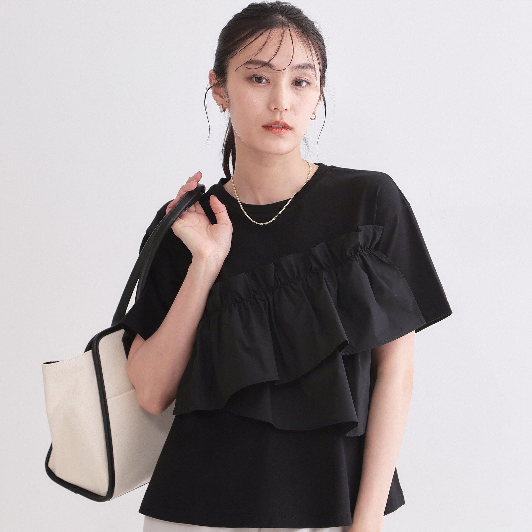 OPAQUE.CLIP「【接触冷感】アシメフリルドッキングカットソー《洗濯機OK》」|Tシャツ・カットソー|ブラック(019)
