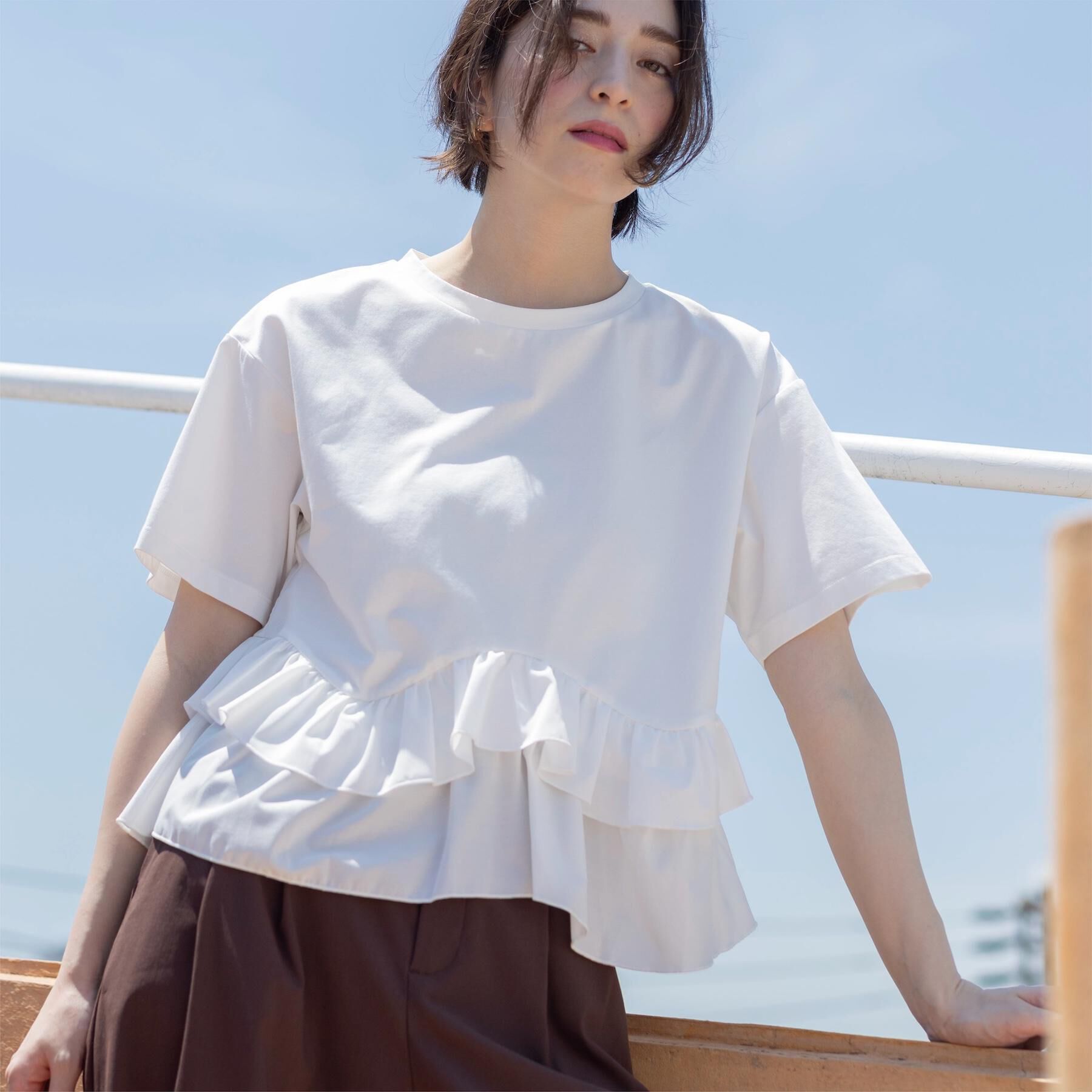 OPAQUE.CLIP「裾フリルドッキングTシャツ【洗濯機OK】」|Tシャツ・カットソー|