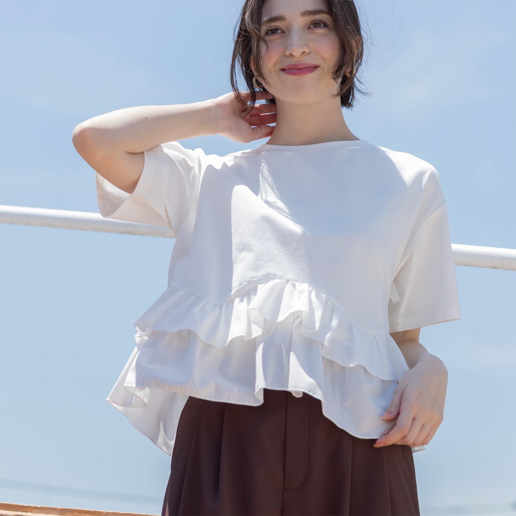 OPAQUE.CLIP「裾フリルドッキングTシャツ【洗濯機OK】」|Tシャツ・カットソー|