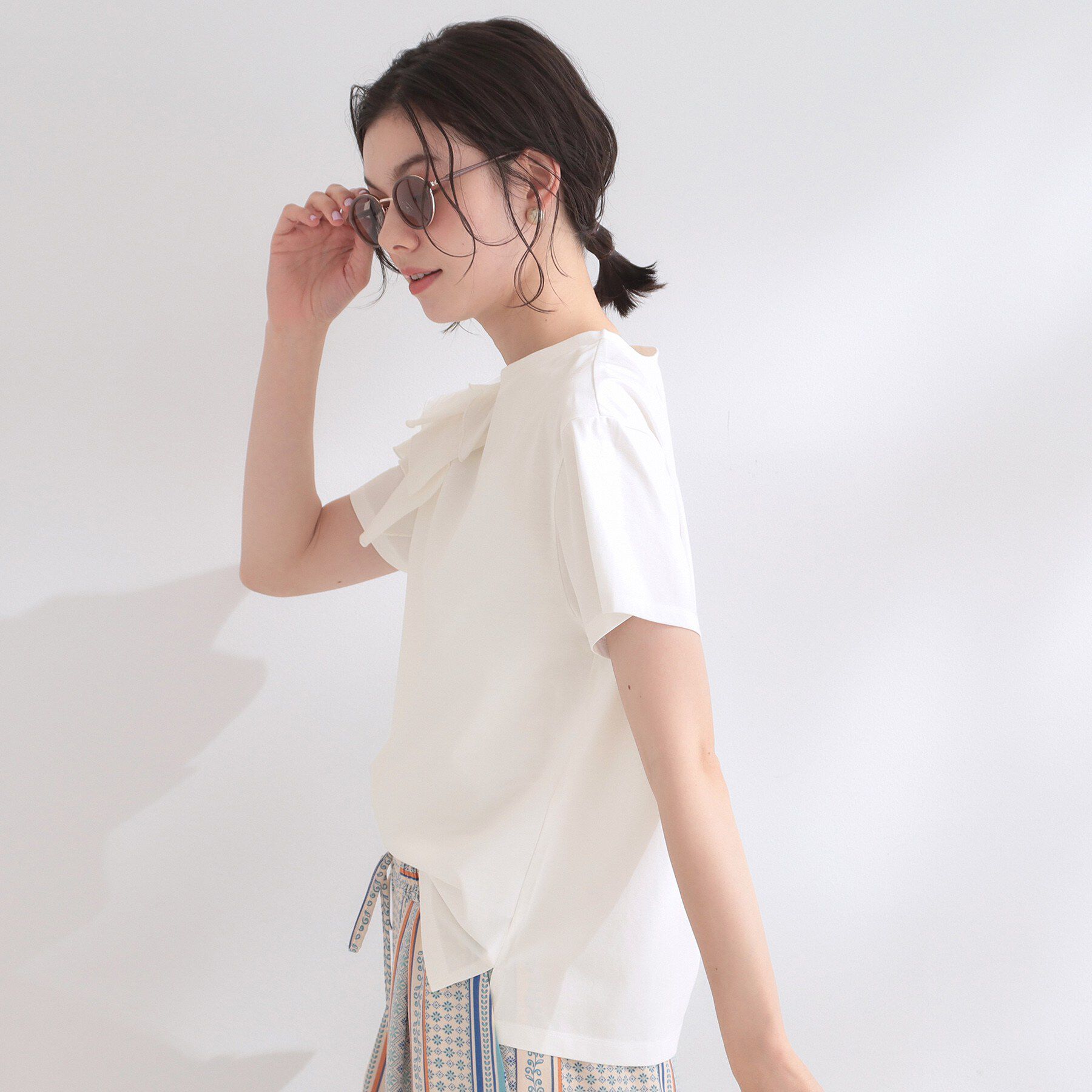 OPAQUE.CLIP「【接触冷感】アシメフリルドッキングカットソー《UVケア／洗濯機OK》」|Tシャツ・カットソー|