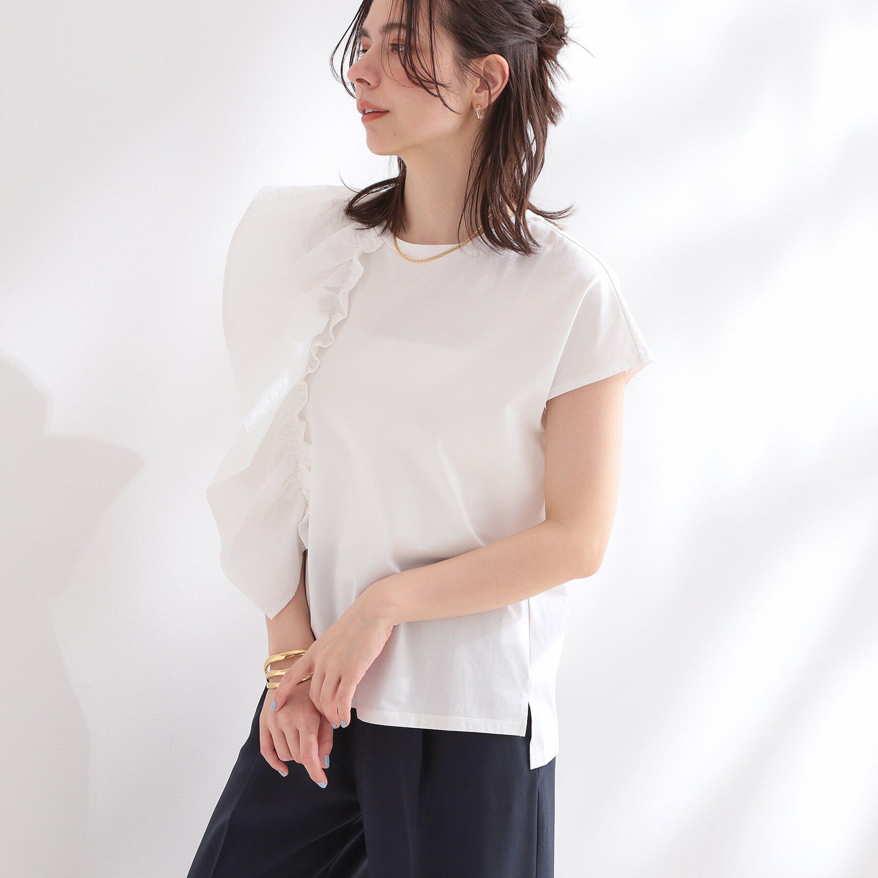 OPAQUE.CLIP「【UVケア／接触冷感】アシメフリルドッキングカットソー《洗濯機OK》」|Tシャツ・カットソー|