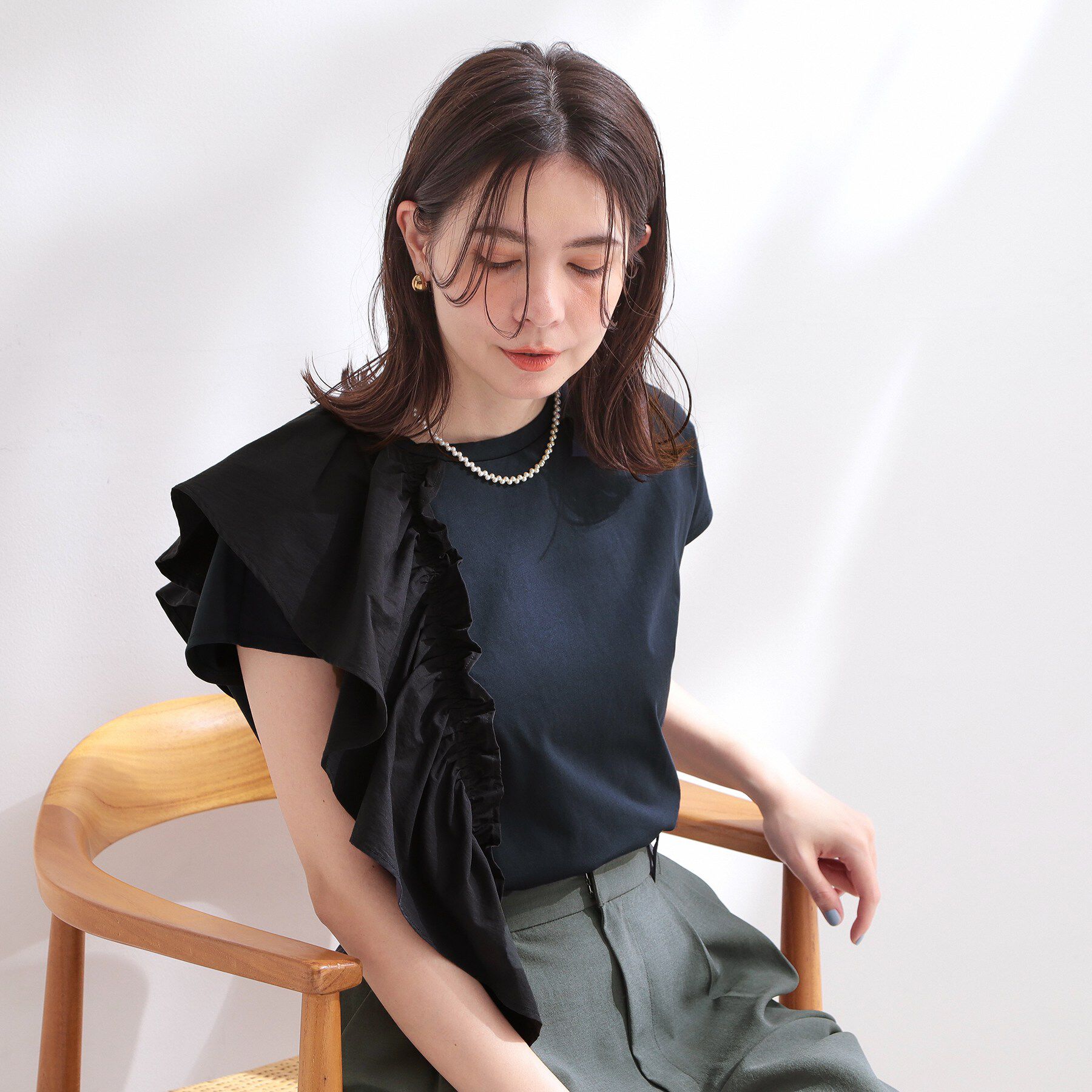 OPAQUE.CLIP「【UVケア／接触冷感】アシメフリルドッキングカットソー《洗濯機OK》」|Tシャツ・カットソー|
