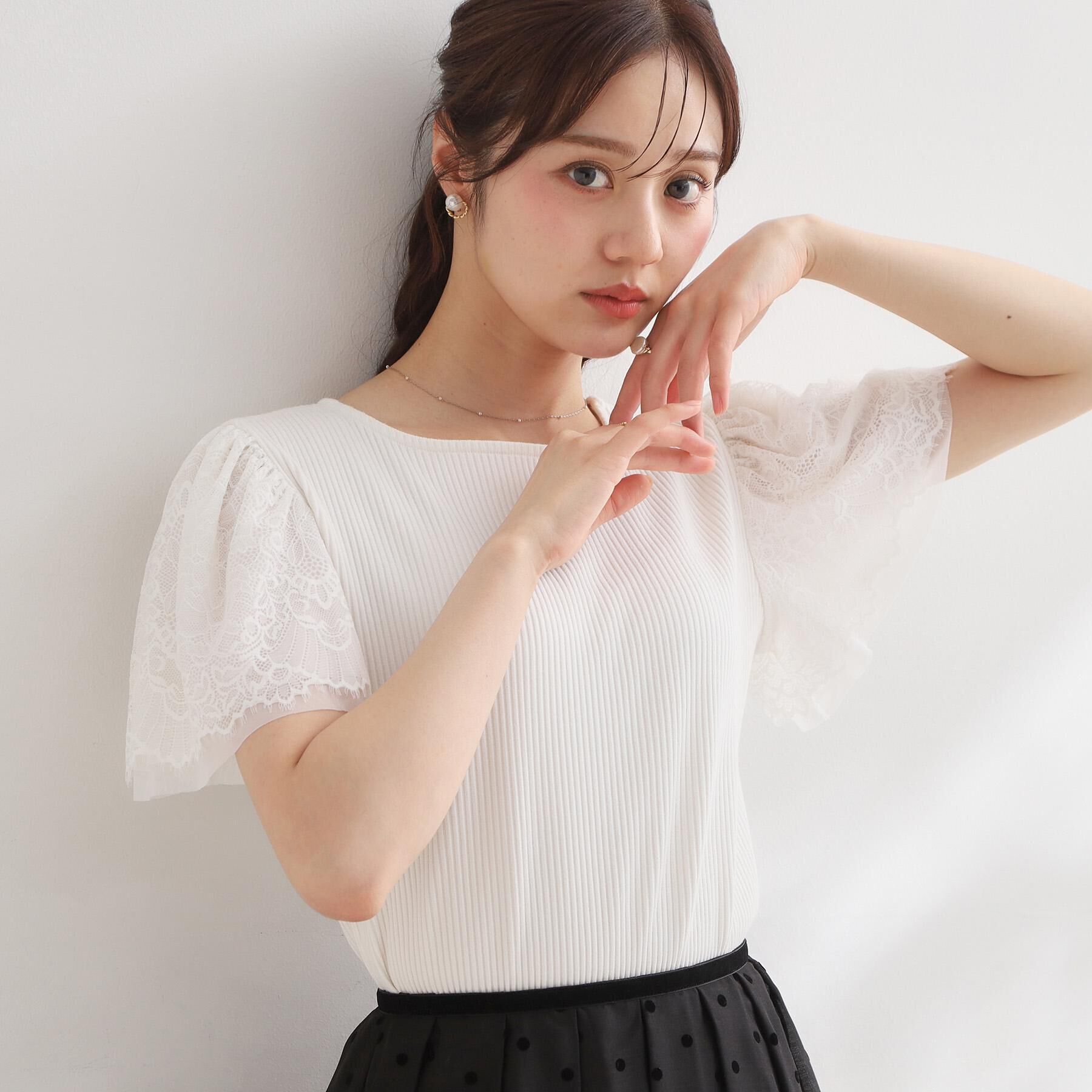 Couture broach「【洗える】袖レース テレコトップス」|Tシャツ・カットソー|