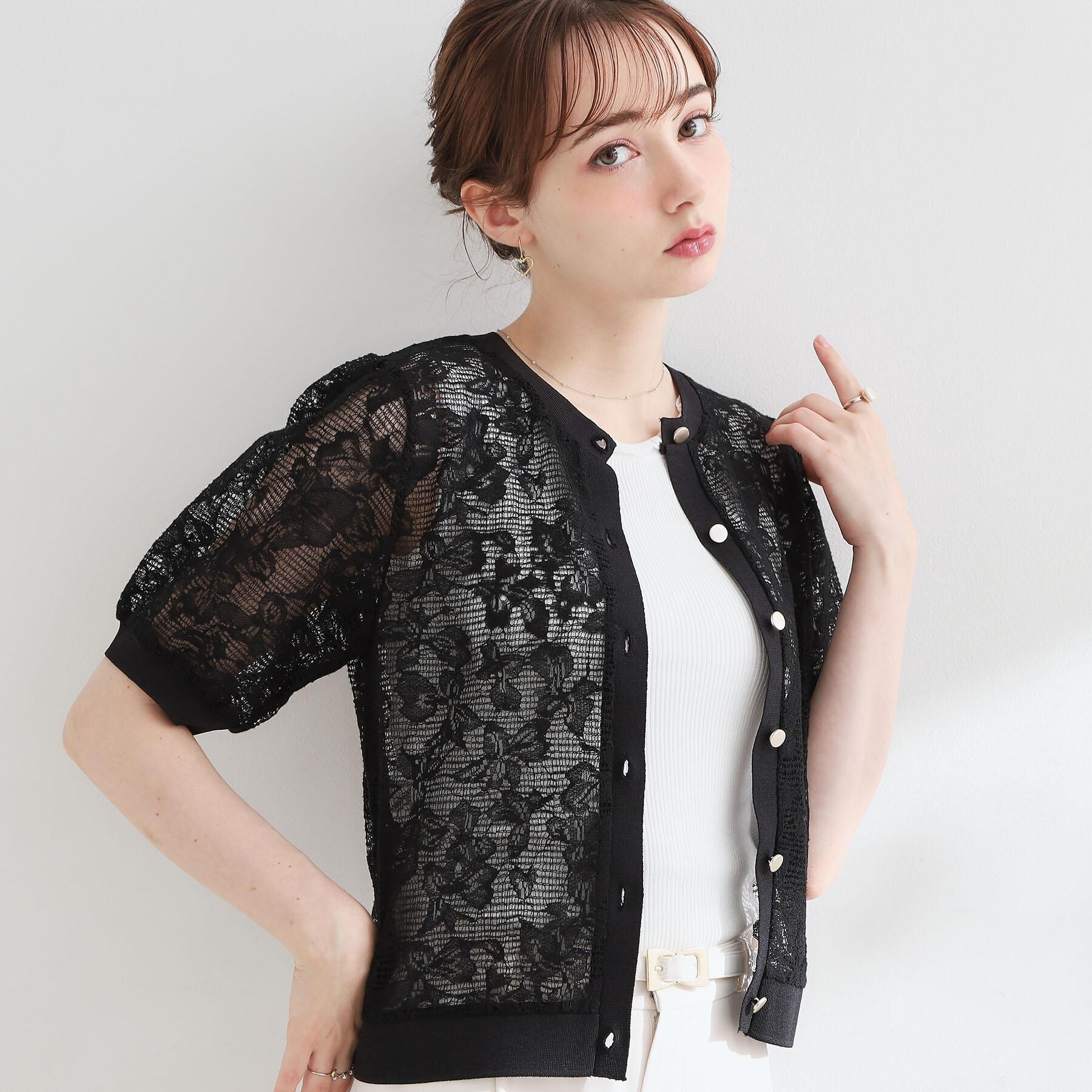 Couture broach「【洗える】フラワーレース カーディガン」|カーディガン|