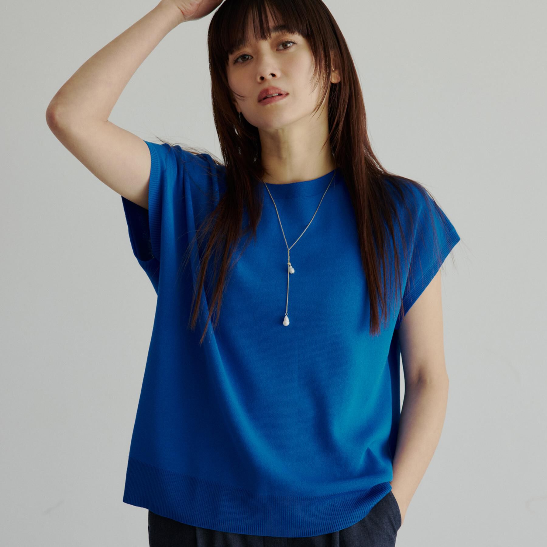 THE SHOP TK「【S-XL/ひんやりタッチ】多機能フレンチスリーブニット 洗濯機OK/UVケア/毛玉になりにくい」|ニット・セーター|ブルー(993)