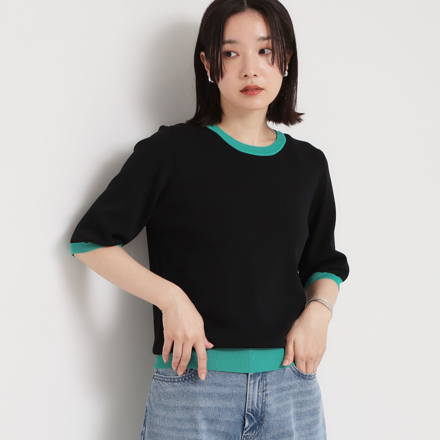 THE SHOP TK「【ひんやり/洗濯機OK/毛玉になりにくい/UV】さりげないラインで品よく映える 配色5分袖ニット」|ニット・セーター|