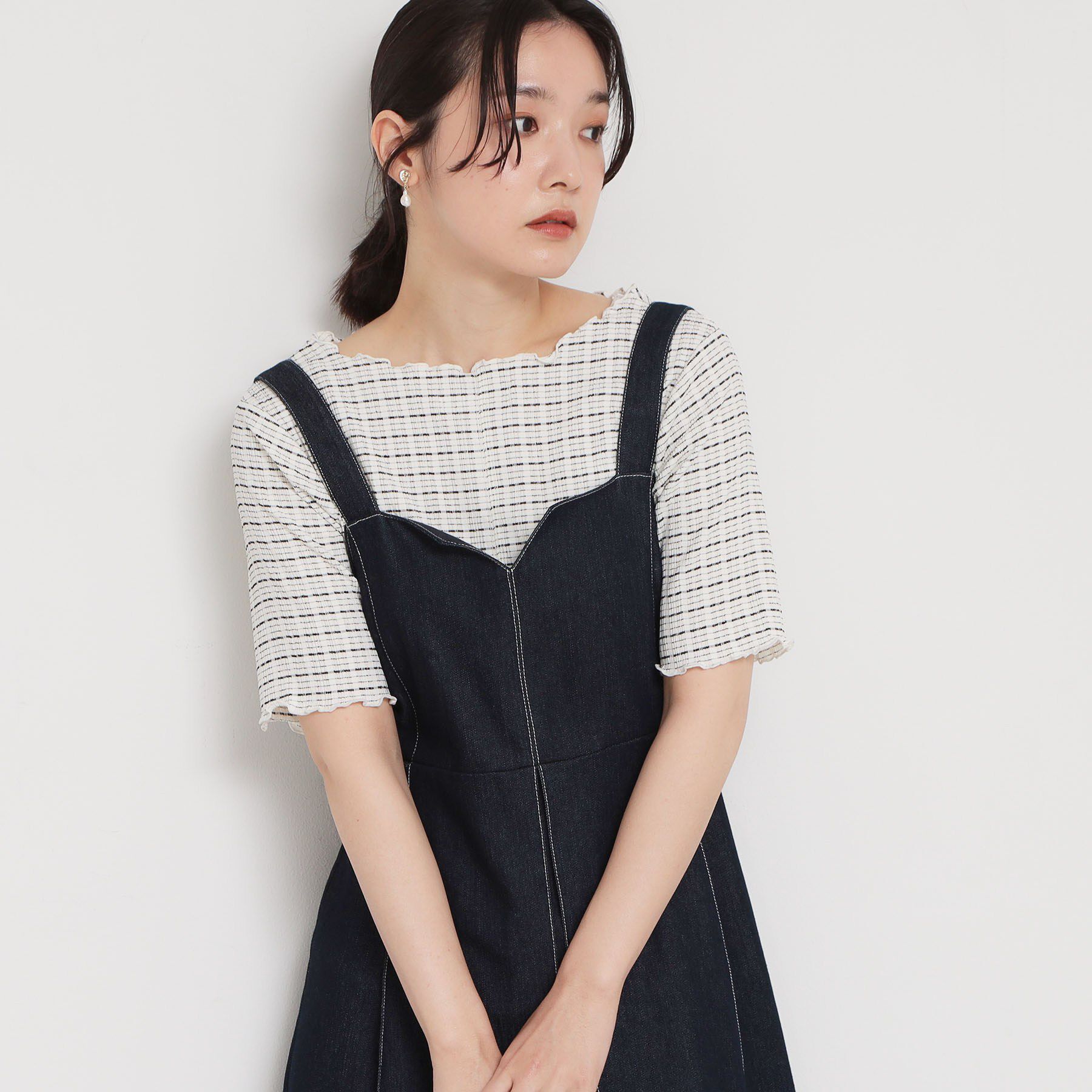 THE SHOP TK「さりげないフリルがアクセント チェック柄5分袖カットソー」|Tシャツ・カットソー|アイボリー(004)