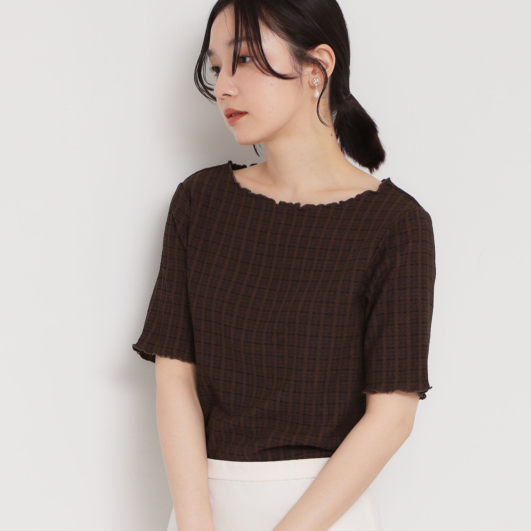 THE SHOP TK「さりげないフリルがアクセント チェック柄5分袖カットソー」|Tシャツ・カットソー|