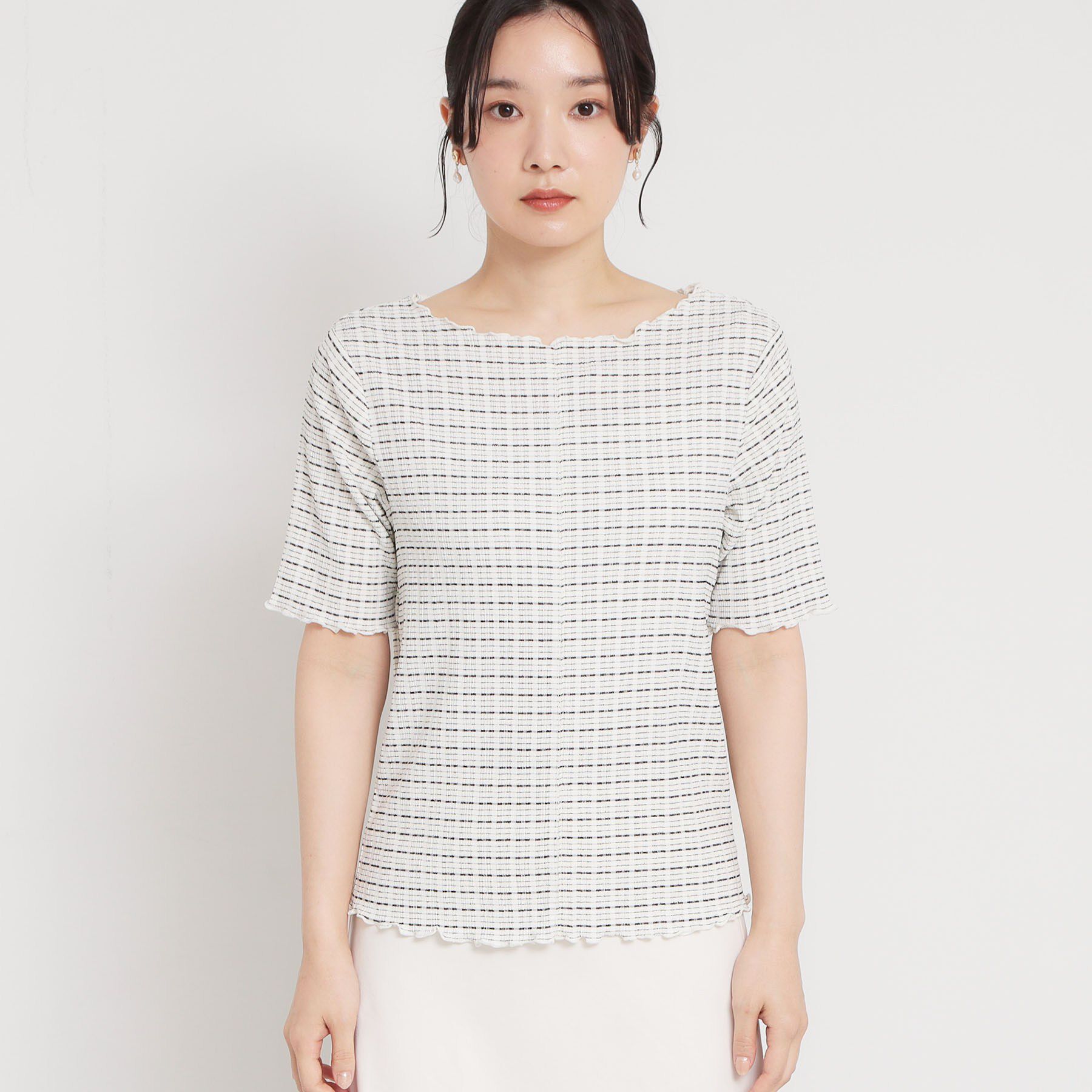 THE SHOP TK「さりげないフリルがアクセント チェック柄5分袖カットソー」|Tシャツ・カットソー|