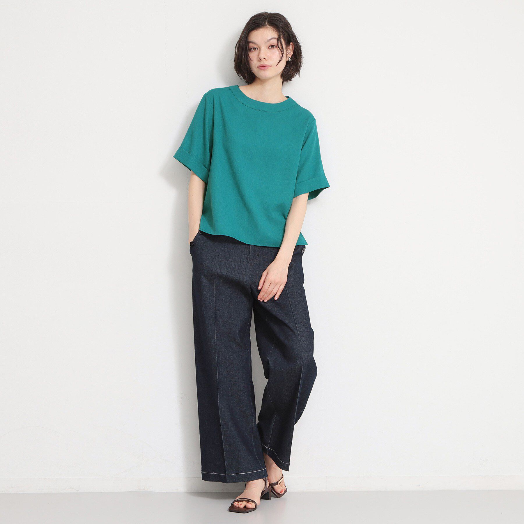 THE SHOP TK「【M-XL/二の腕カバー】さらり麻調メッシュ5分袖ブラウス」|シャツ・ブラウス|