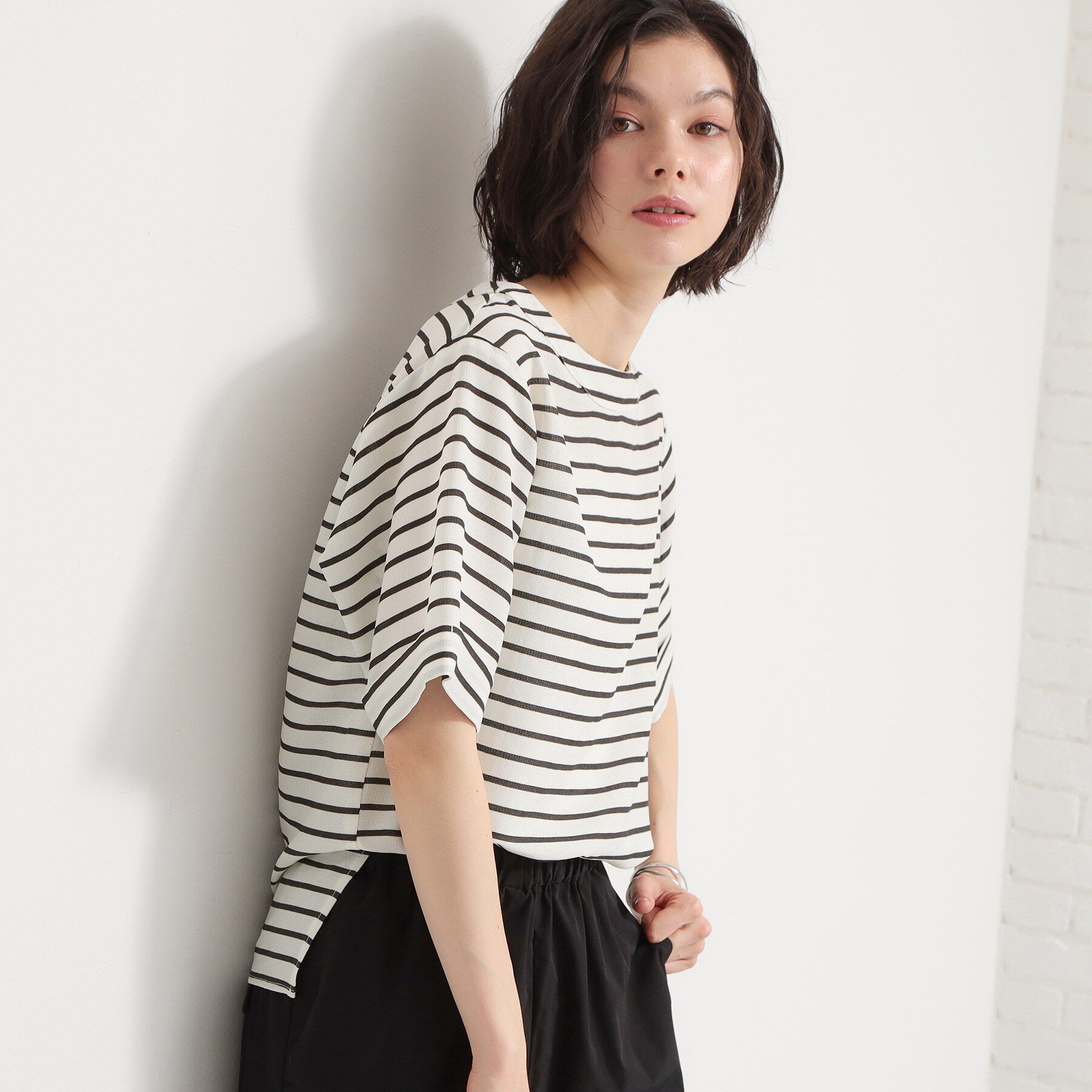 THE SHOP TK「【M-XL/二の腕カバー】さらり麻調メッシュ5分袖ブラウス」|シャツ・ブラウス|
