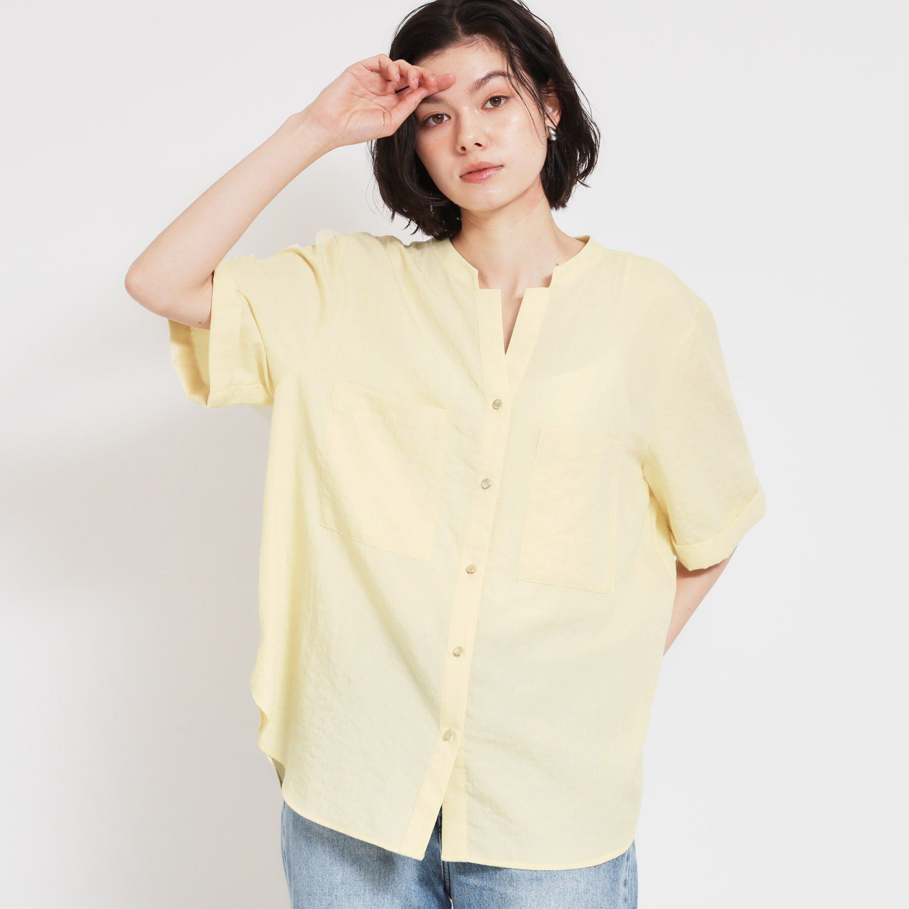 THE SHOP TK「【M-XL/刻みネックですっきり見え】Wポケット金ボタン 5分袖シャツ」|シャツ・ブラウス|