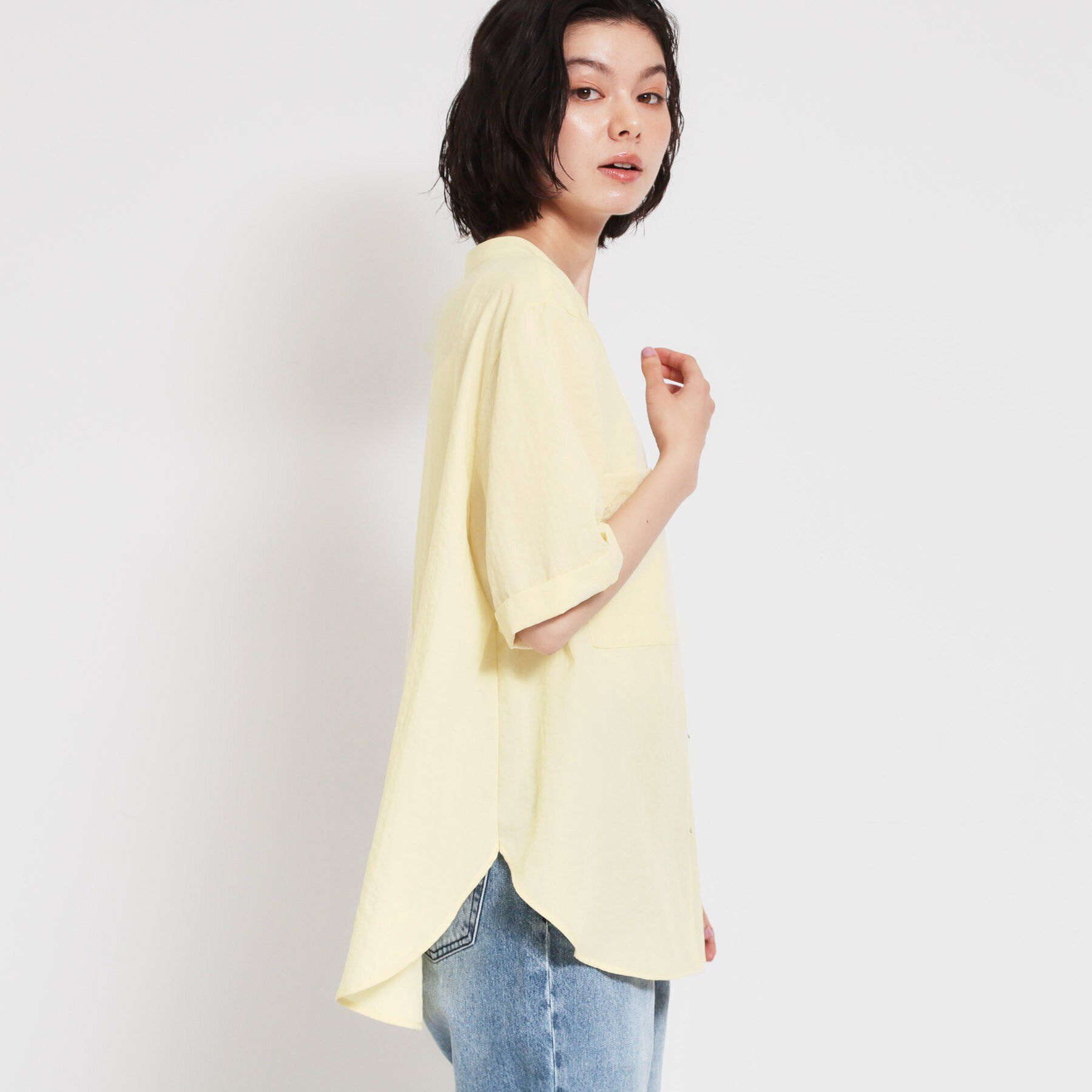 THE SHOP TK「【M-XL/刻みネックですっきり見え】Wポケット金ボタン 5分袖シャツ」|シャツ・ブラウス|