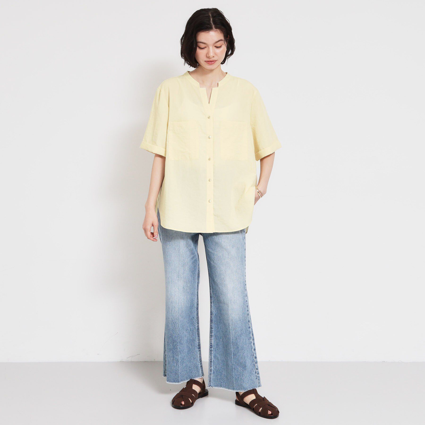 THE SHOP TK「【M-XL/刻みネックですっきり見え】Wポケット金ボタン 5分袖シャツ」|シャツ・ブラウス|