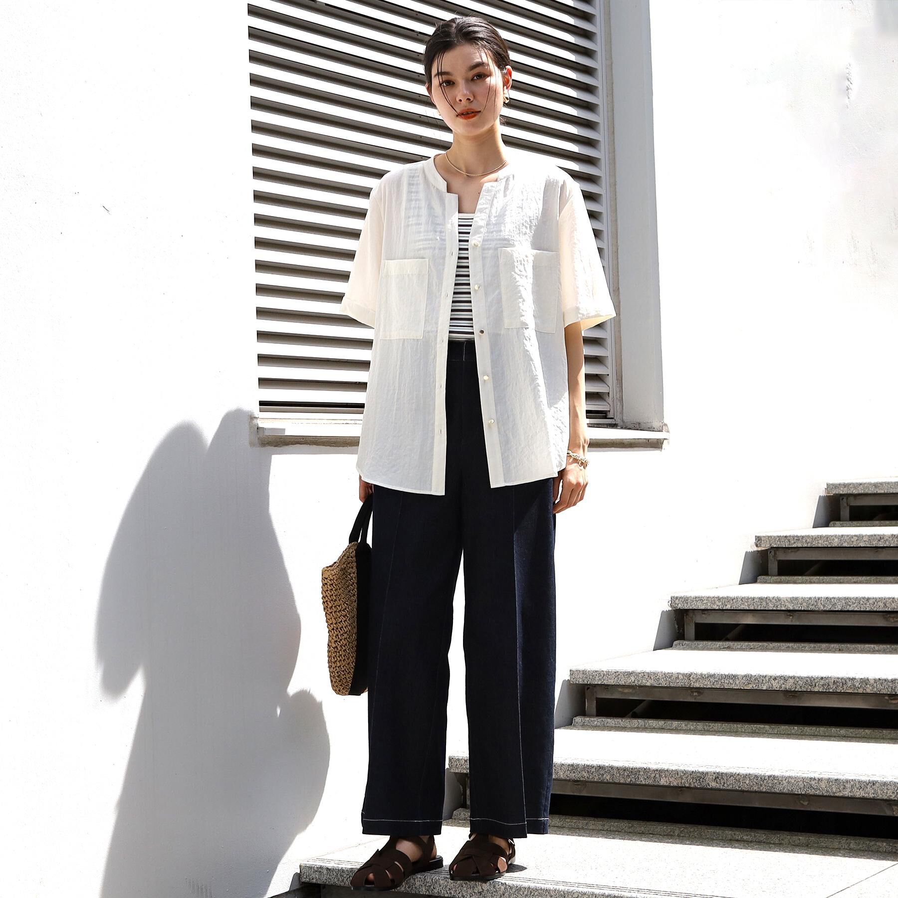 THE SHOP TK「【M-XL/刻みネックですっきり見え】Wポケット金ボタン 5分袖シャツ」|シャツ・ブラウス|