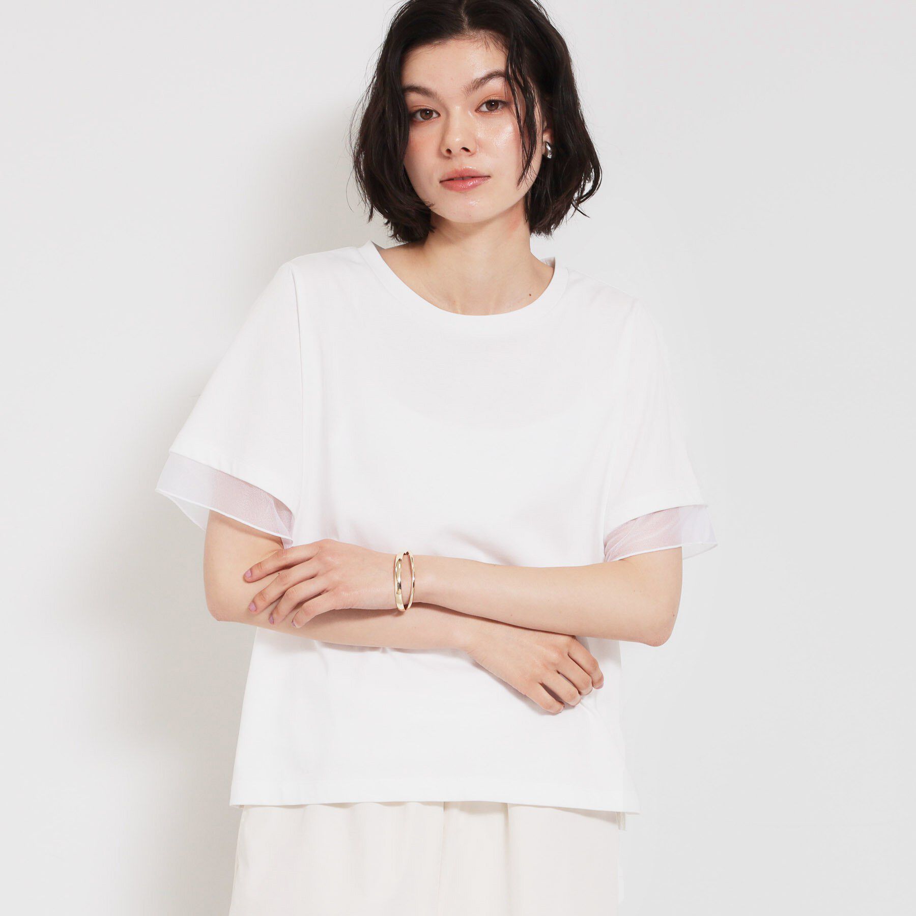 THE SHOP TK「【M-XL/ひんやり】上品な透け感 袖口シアーTシャツ」|Tシャツ・カットソー|