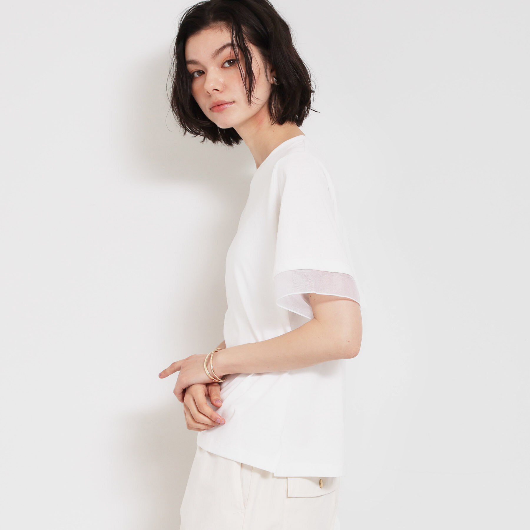 THE SHOP TK「【M-XL/ひんやり】上品な透け感 袖口シアーTシャツ」|Tシャツ・カットソー|