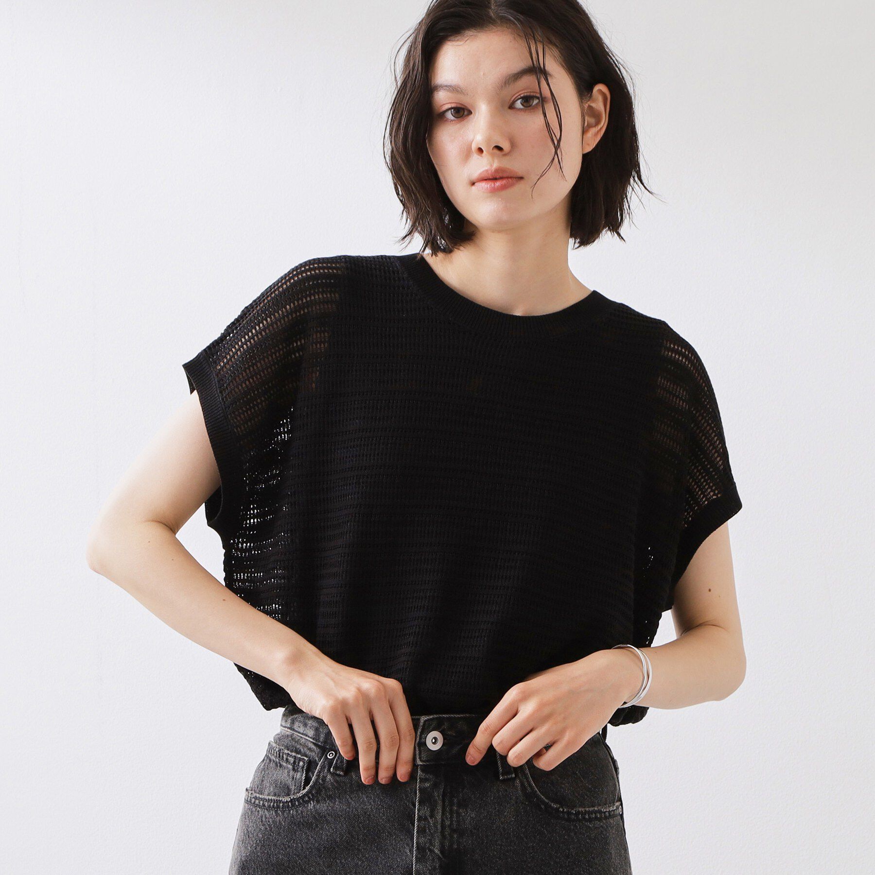 THE SHOP TK「【2点セット】メッシュニット+タンクトップ」|その他|ブラック(019)