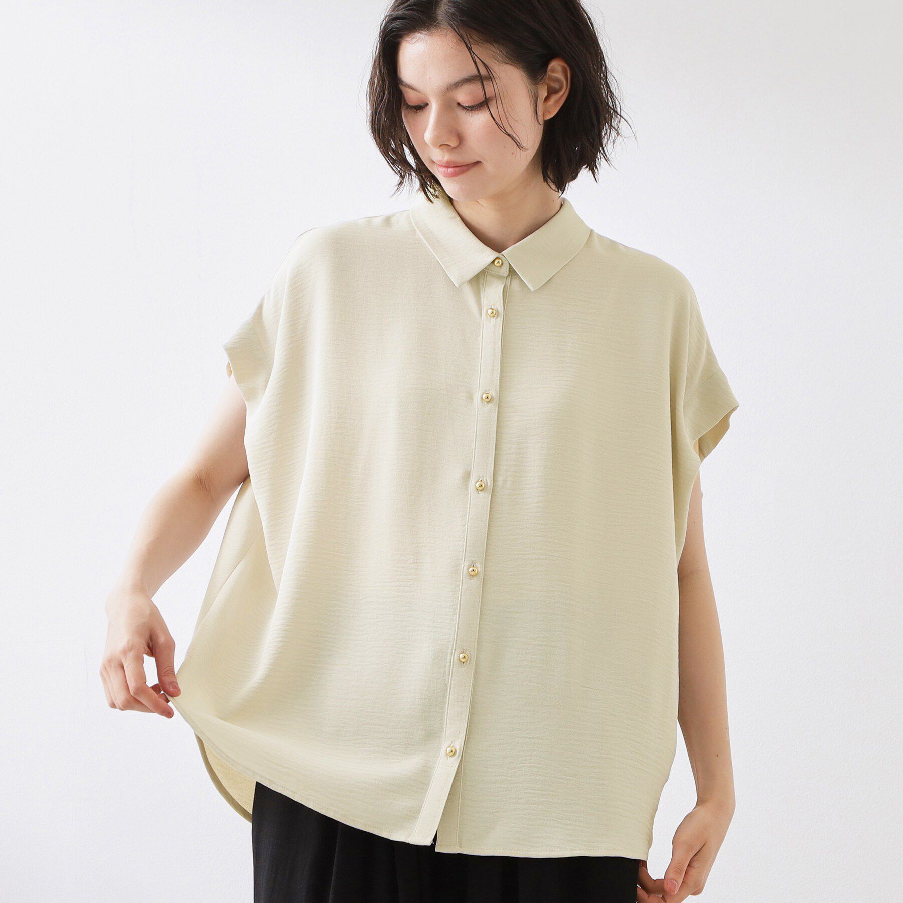 THE SHOP TK「【ひんやり/防しわ/UV/吸水速乾】襟付き フレンチスリーブシャツ」|シャツ・ブラウス|グレージュ(050)