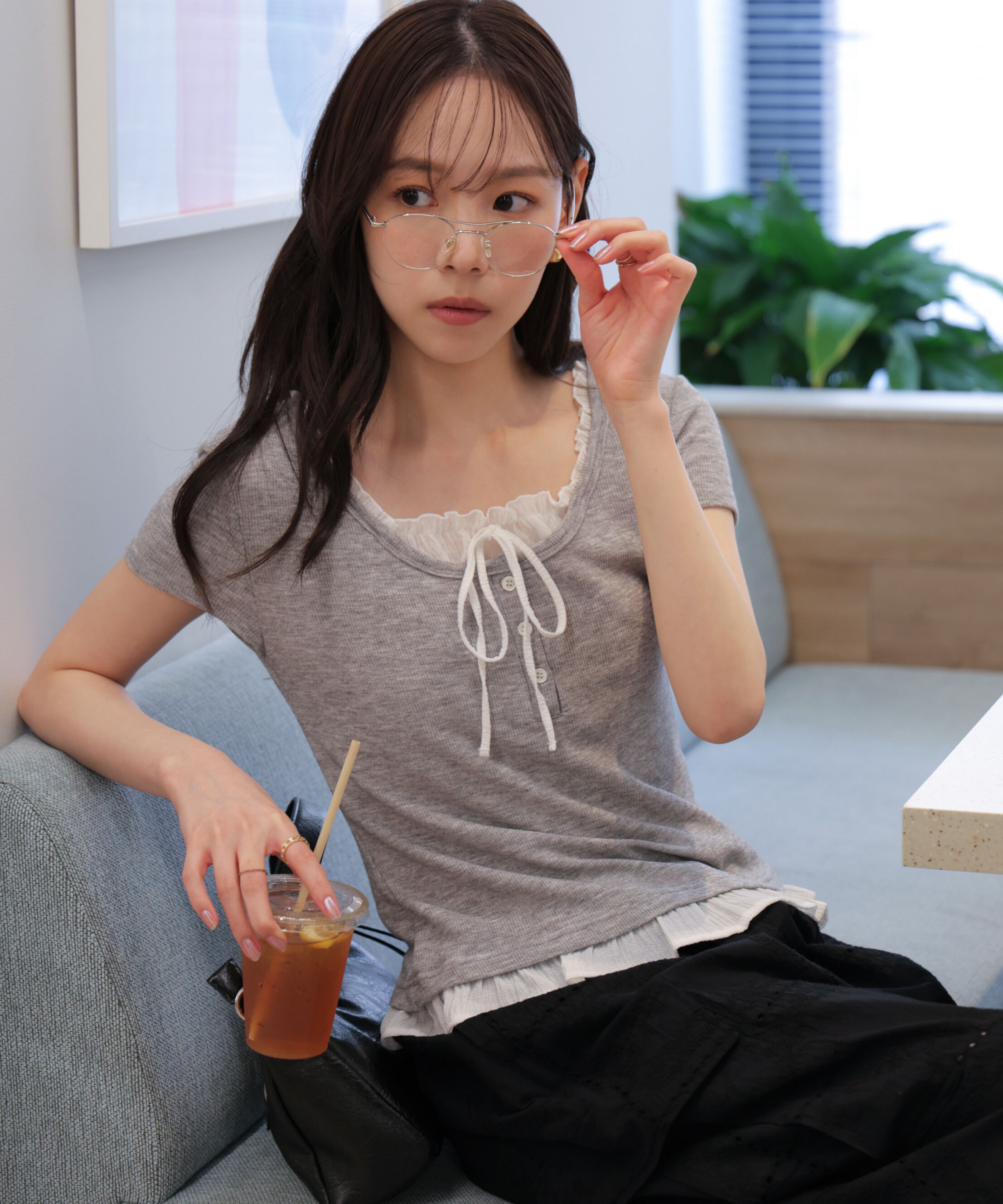  「フェイクレイヤードフリルリボンフレンチスリーブカットソー」|Tシャツ・カットソー|グレー