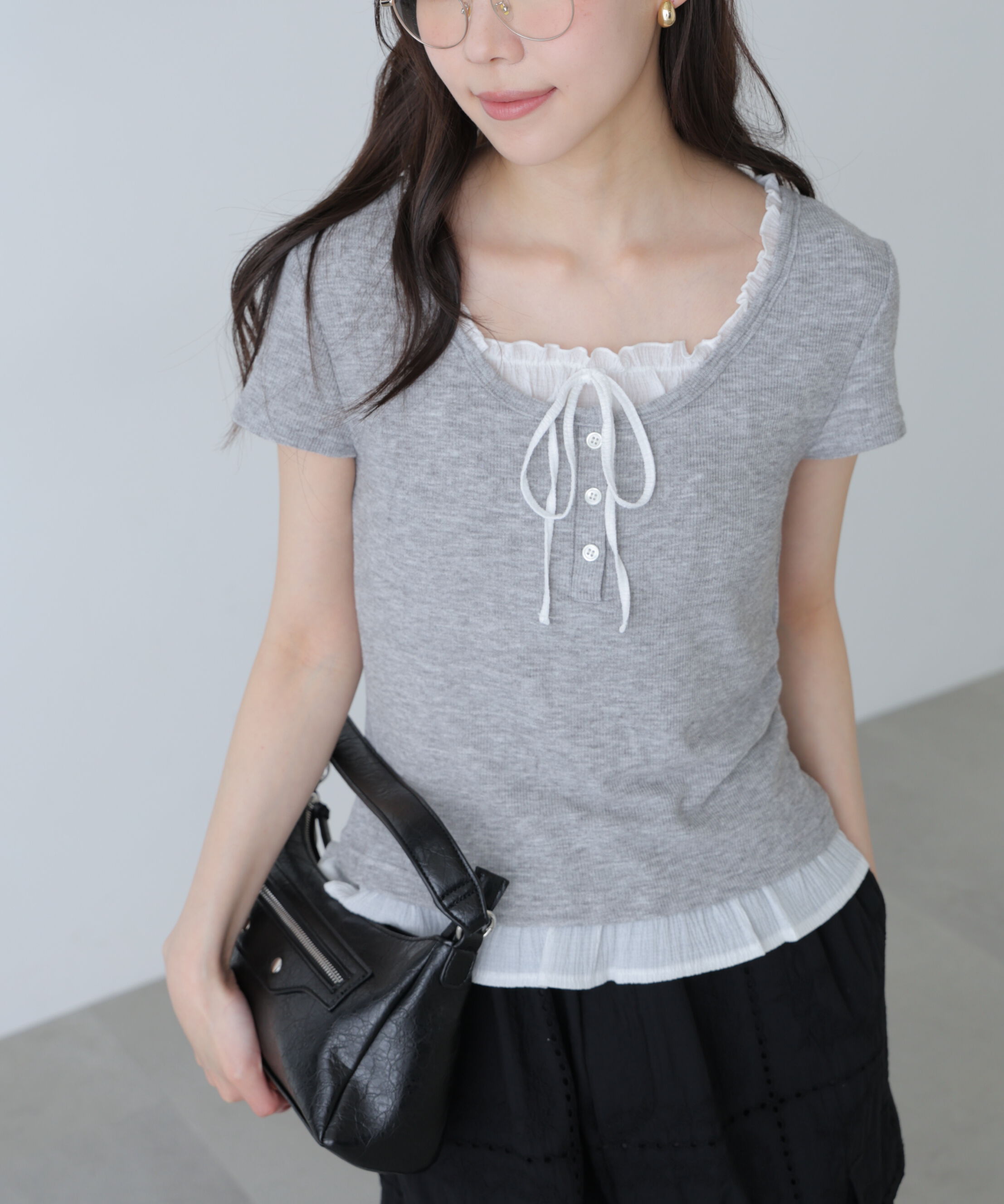  「フェイクレイヤードフリルリボンフレンチスリーブカットソー」|Tシャツ・カットソー|