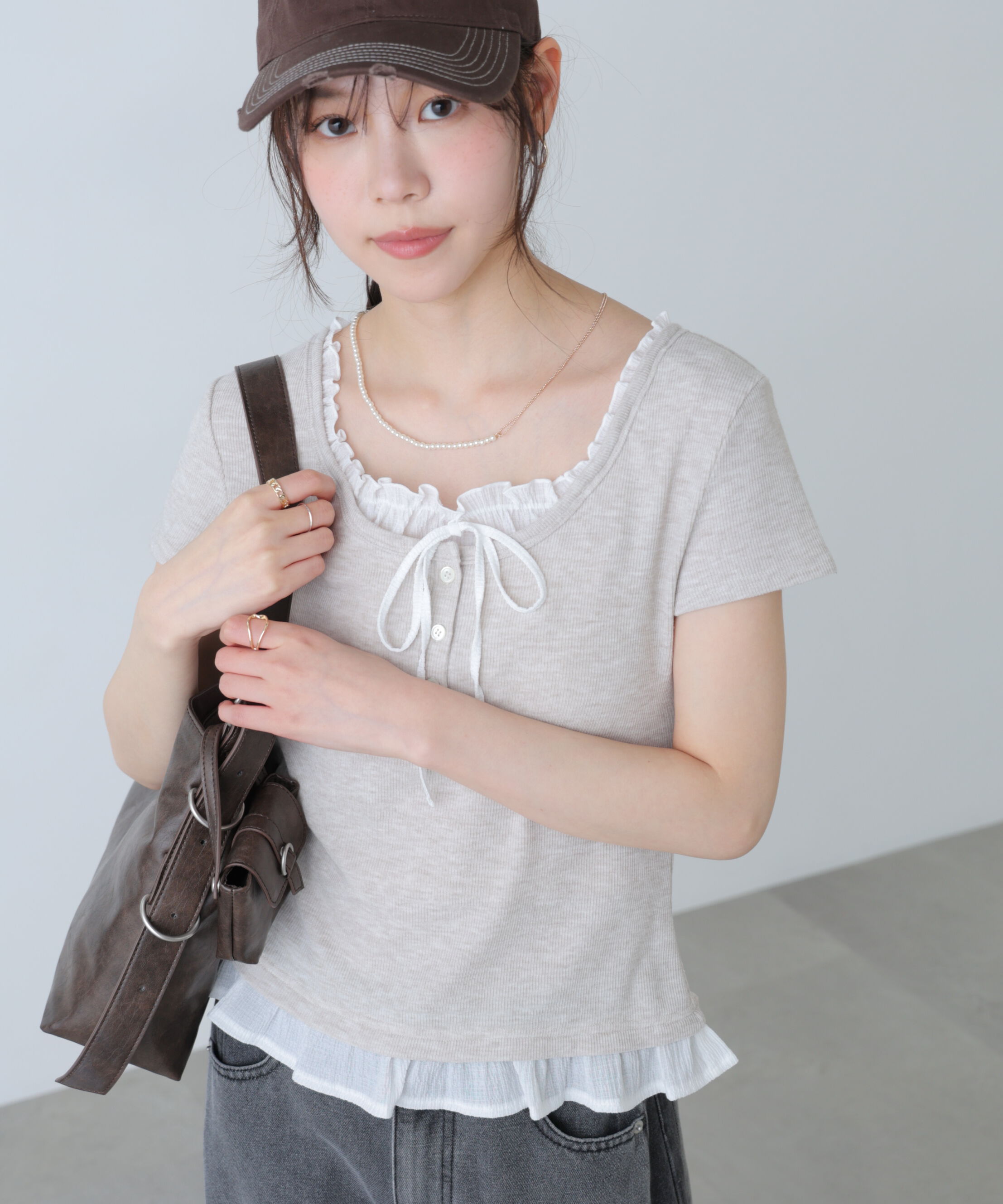  「フェイクレイヤードフリルリボンフレンチスリーブカットソー」|Tシャツ・カットソー|