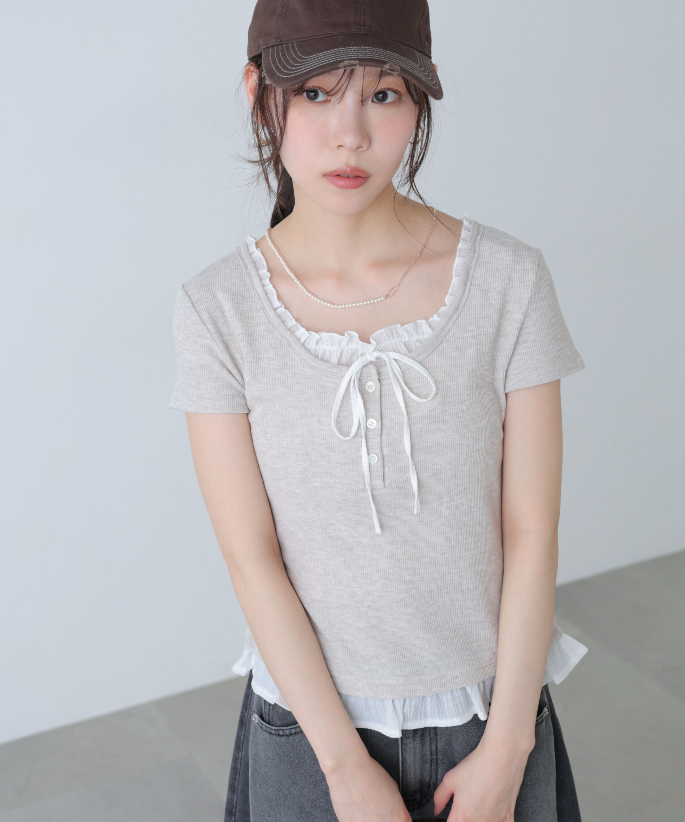  「フェイクレイヤードフリルリボンフレンチスリーブカットソー」|Tシャツ・カットソー|