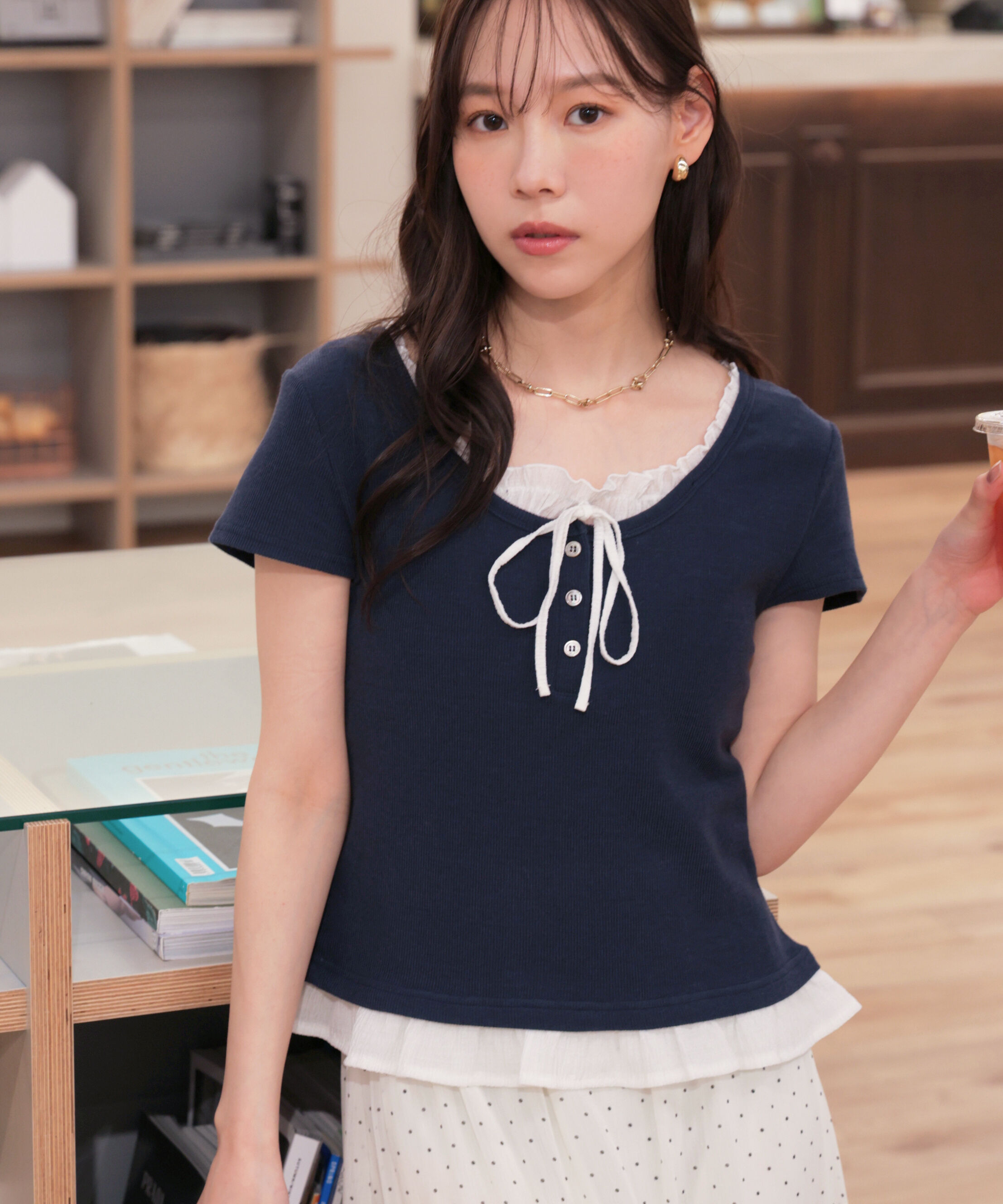  「フェイクレイヤードフリルリボンフレンチスリーブカットソー」|Tシャツ・カットソー|