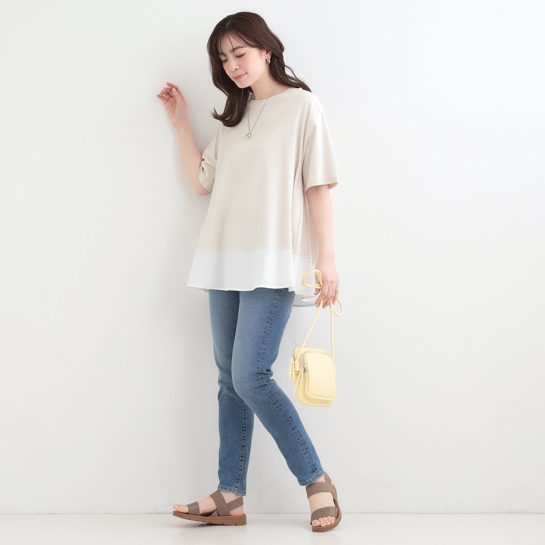 SHOO･LA･RUE「【ひんやり/UV/抗菌防臭】体型カバーも叶う 裾切り替えAライントップス」|Tシャツ・カットソー|