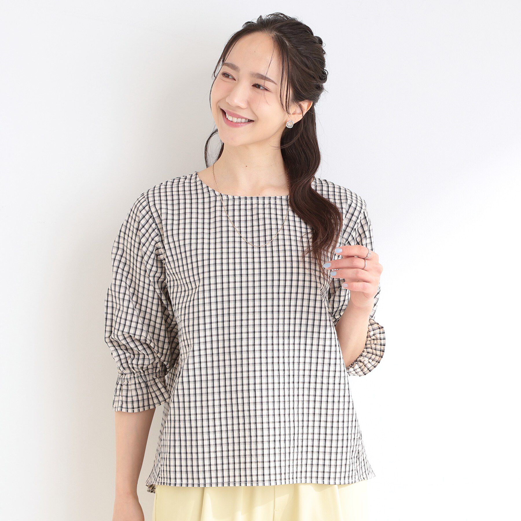 SHOO･LA･RUE「【セットアップ可/洗濯機可】上品チェックが好印象 ゆるさら6分袖ブラウス」|シャツ・ブラウス|