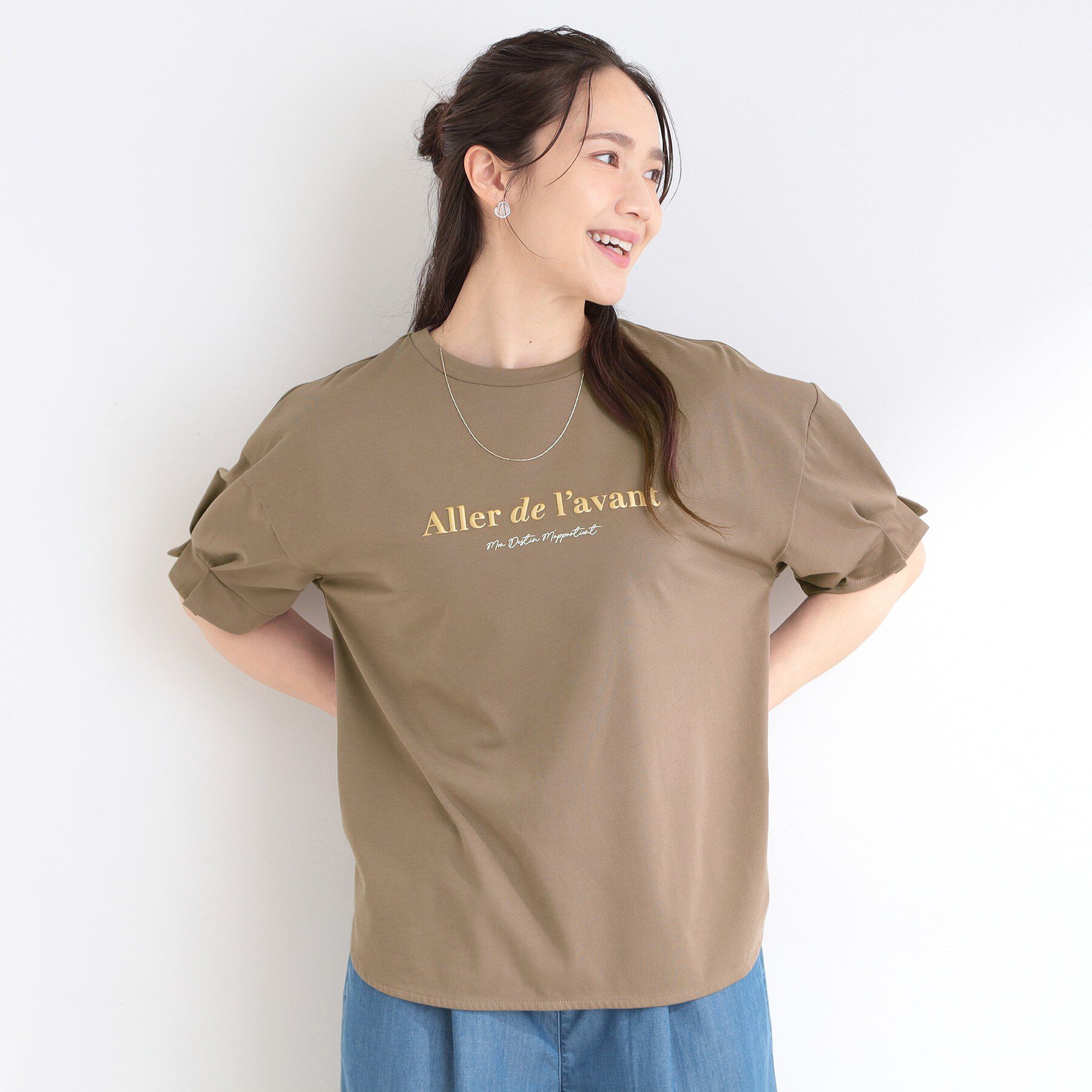 SHOO･LA･RUE「【ひんやり/UV/S-LL】お袖ふんわり二の腕カバー ぷっくりラメプリントTシャツ」|Tシャツ・カットソー|