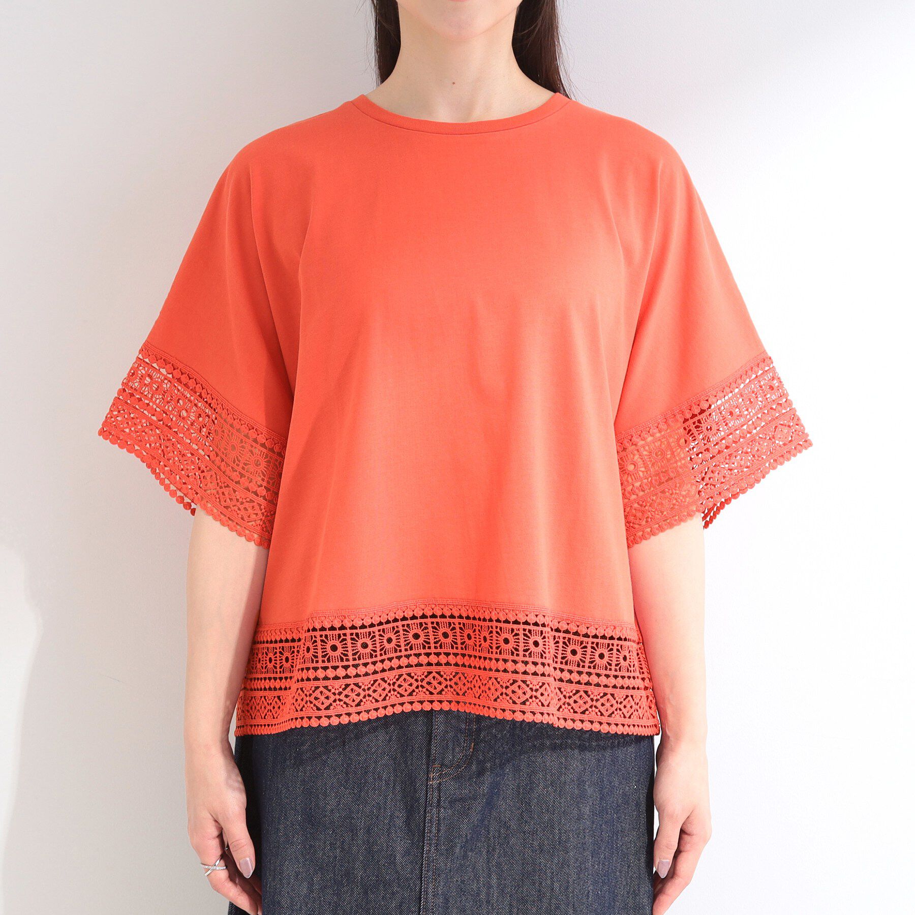 SHOO･LA･RUE「【洗濯機可/ひんやり/体型カバー/S-LL】レース使いがポイント デザインTシャツ」|Tシャツ・カットソー|