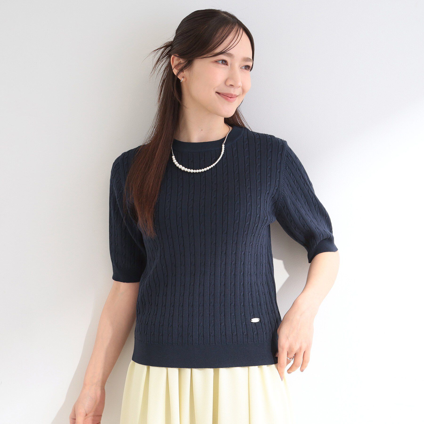 SHOO･LA･RUE「【洗濯機可/S-LL】ミニケーブルで上品に 5分袖ニット」|ニット・セーター|