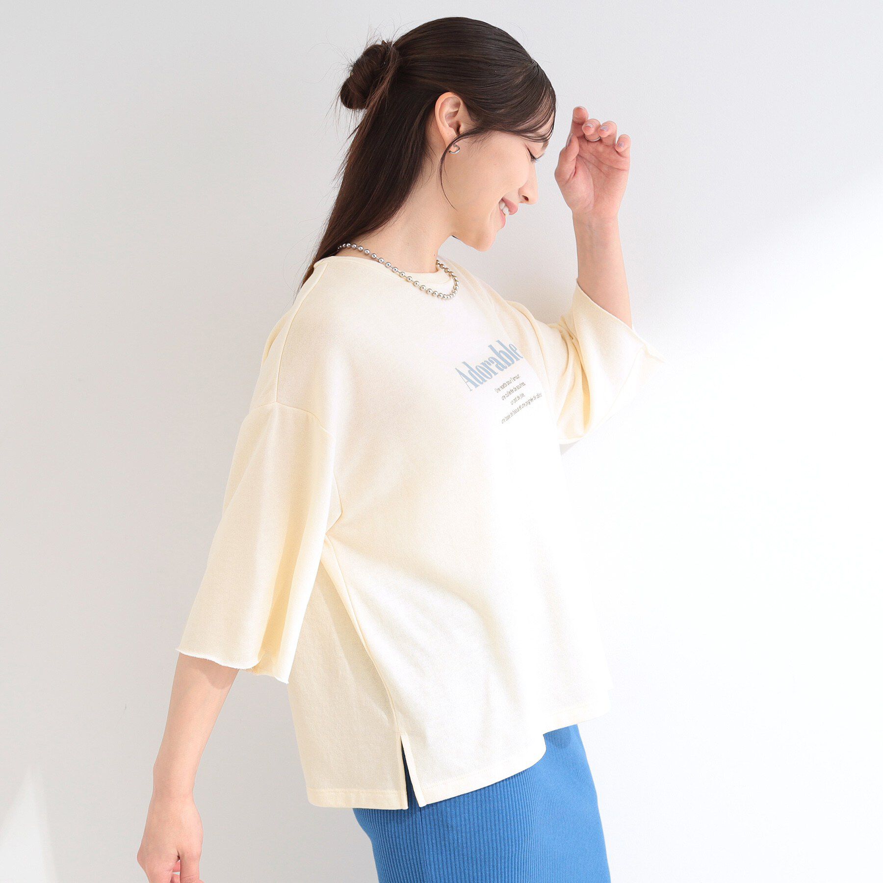SHOO･LA･RUE「【洗濯機可/S-LL/選べる6柄】切りっぱなしお袖がこなれカジュアル 5分袖シアーTシャツ」|Tシャツ・カットソー|