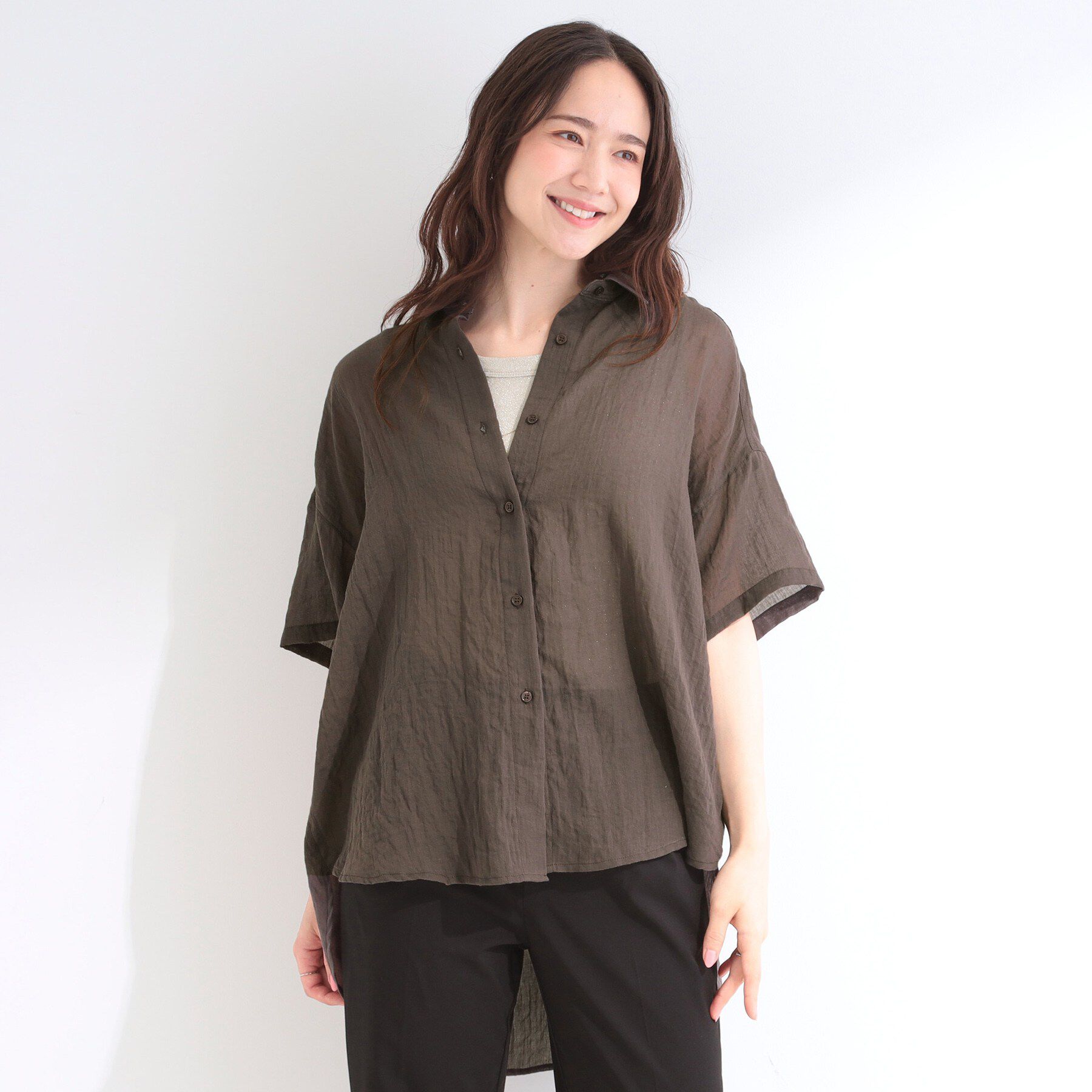 SHOO･LA･RUE「ヒップがすっぽり隠れる やわらか5分袖シアーシャツ」|シャツ・ブラウス|