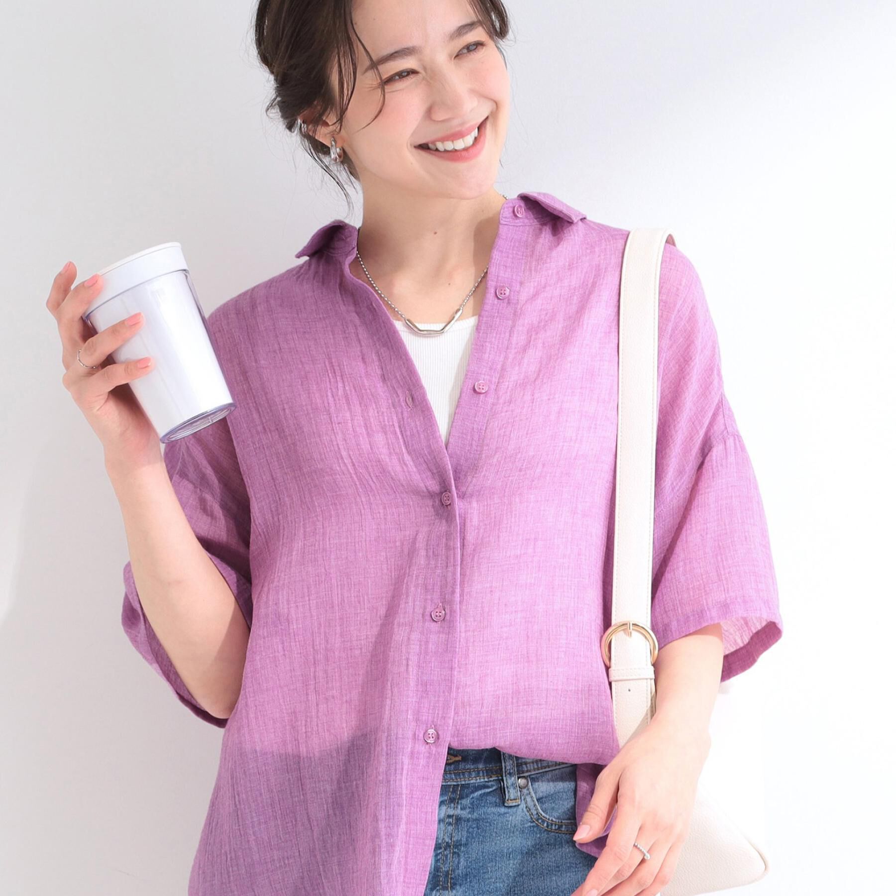SHOO･LA･RUE「ヒップがすっぽり隠れる やわらか5分袖シアーシャツ」|シャツ・ブラウス|ピンク(073)