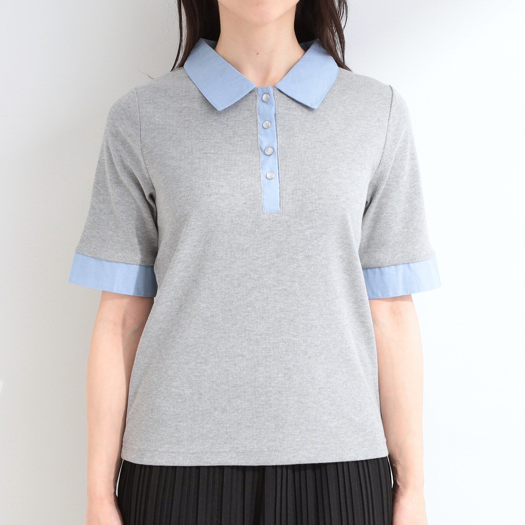 SHOO･LA･RUE「【洗濯機可/S-LL】シャツレイヤード風 テレコポロトップス」|Tシャツ・カットソー|
