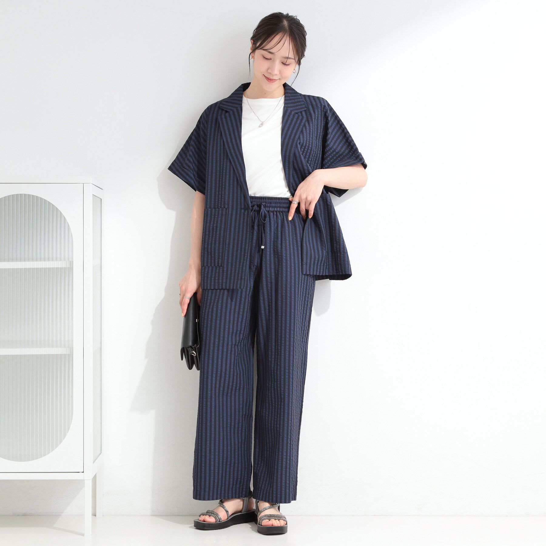SHOO･LA･RUE「【ひんやり/吸水速乾/セットアップ可】羽織るだけで主役になる サッカーストライプシャツジャケット」|テーラードジャケット|