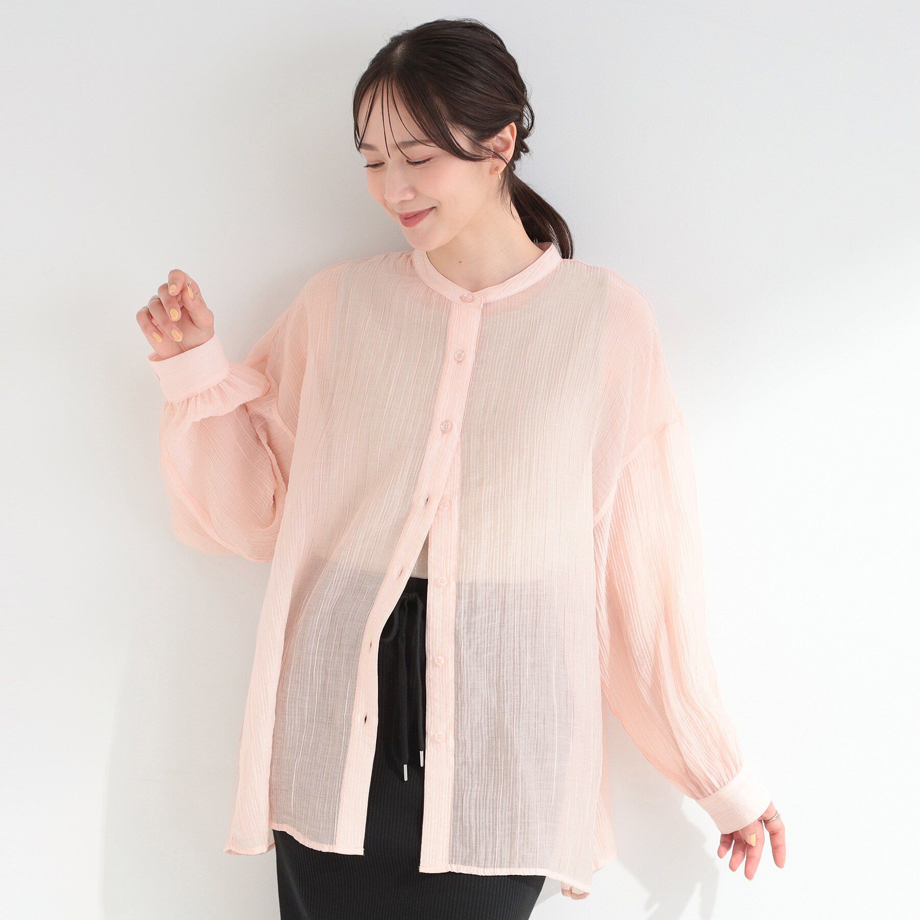 SHOO･LA･RUE「【S-LL】大人のシアー感 風合い楽しむバンドカラーシャツ」|シャツ・ブラウス|